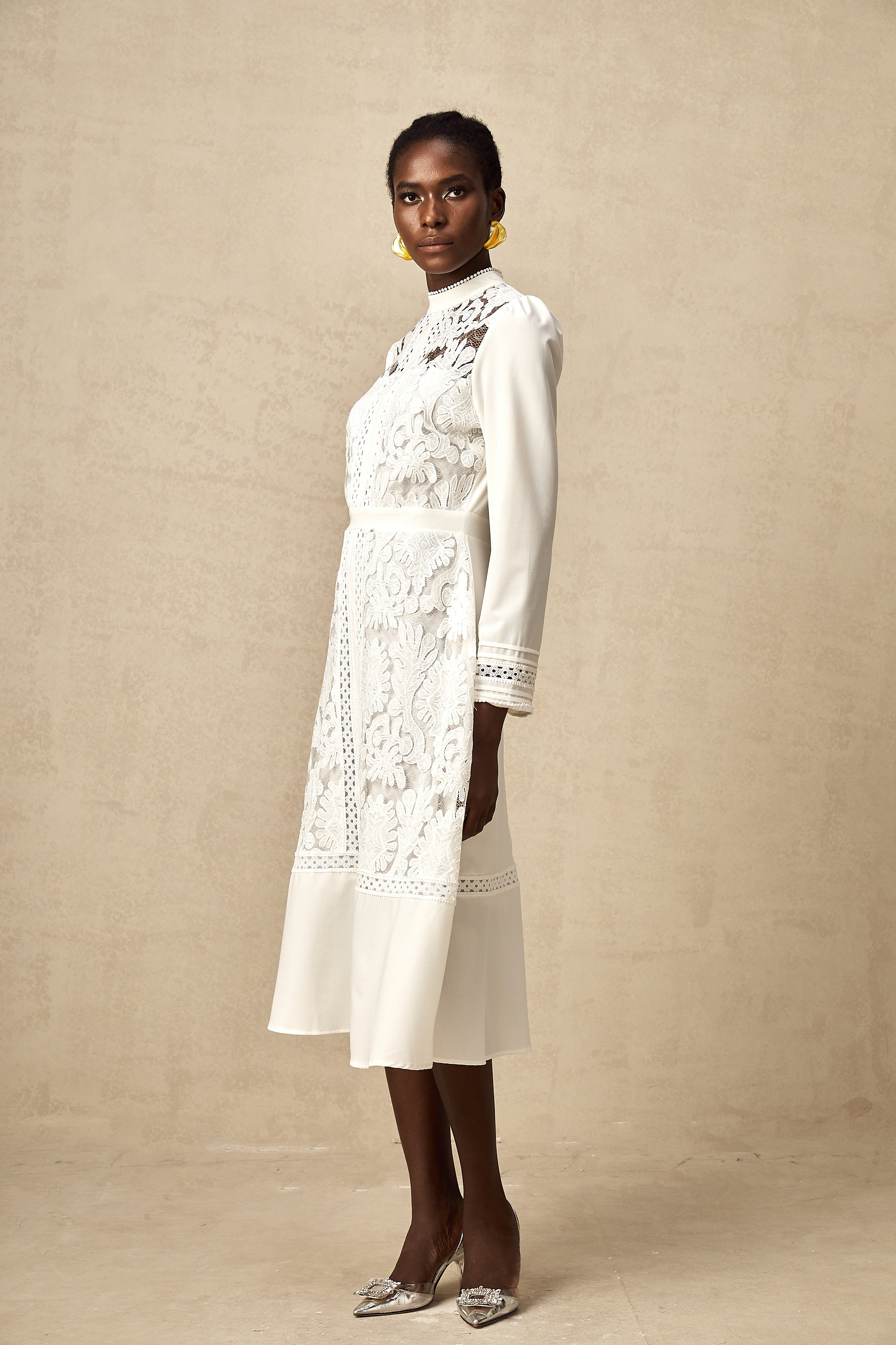 Madeleine white panelled embroidery midi dress