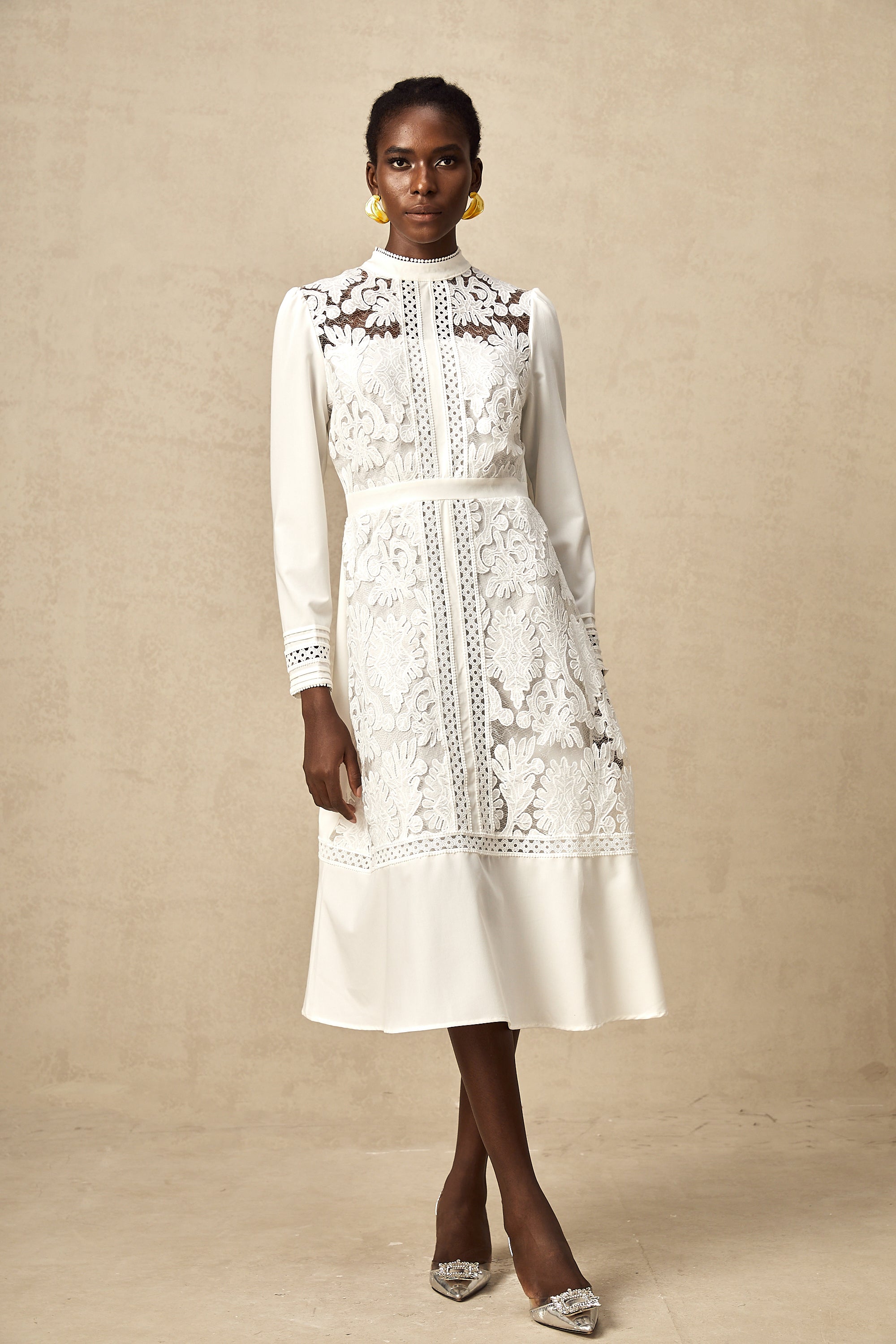 Madeleine white panelled embroidery midi dress