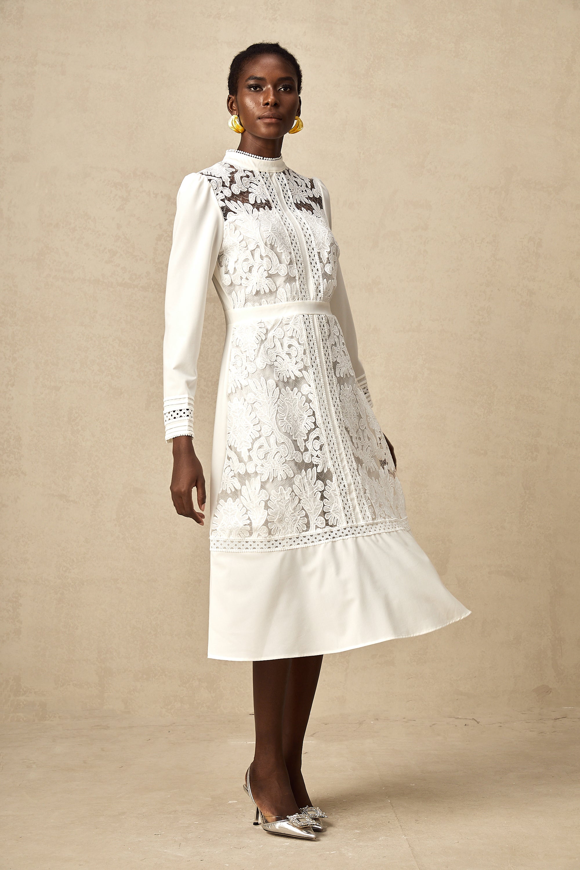 Madeleine white panelled embroidery midi dress