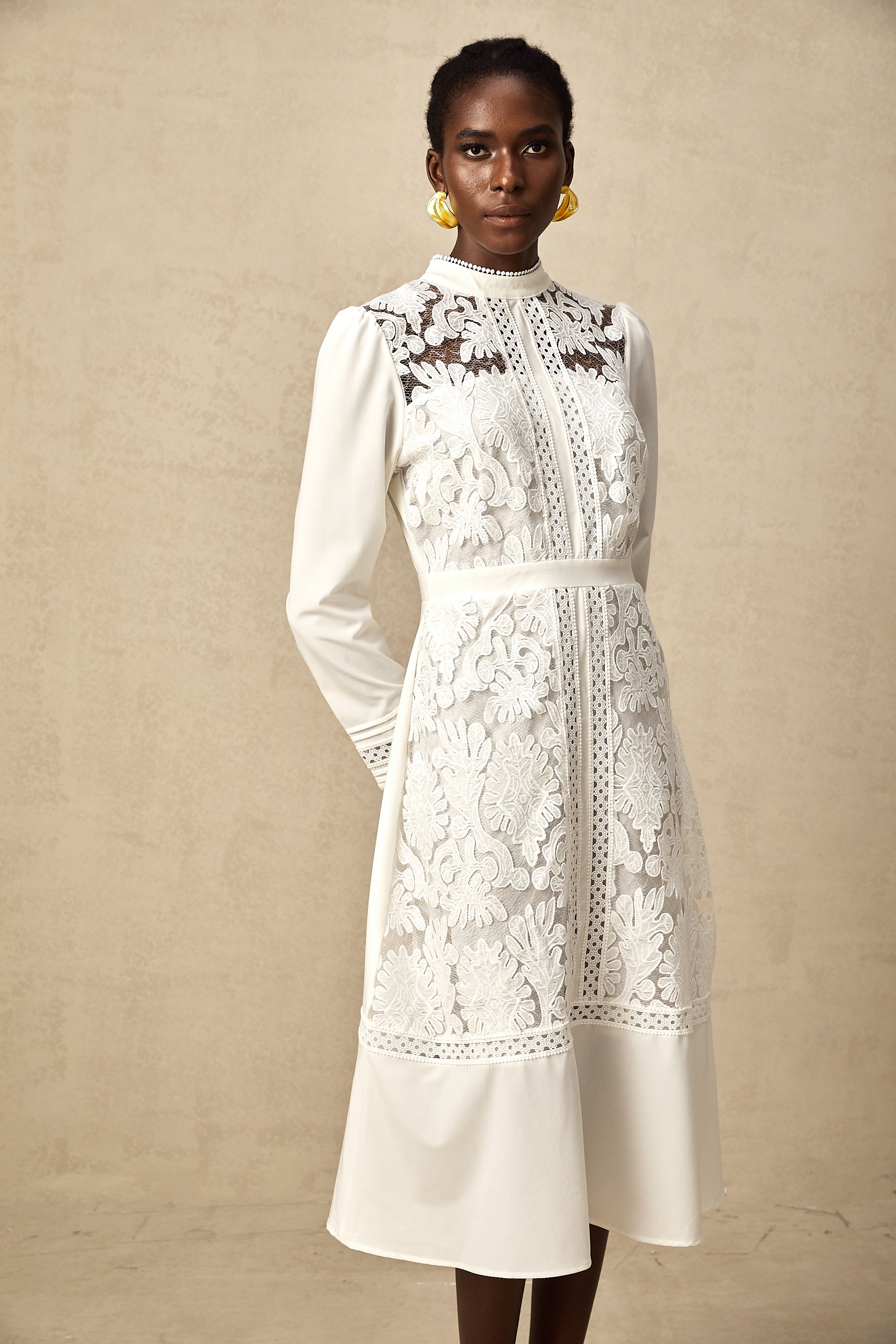 Madeleine white panelled embroidery midi dress