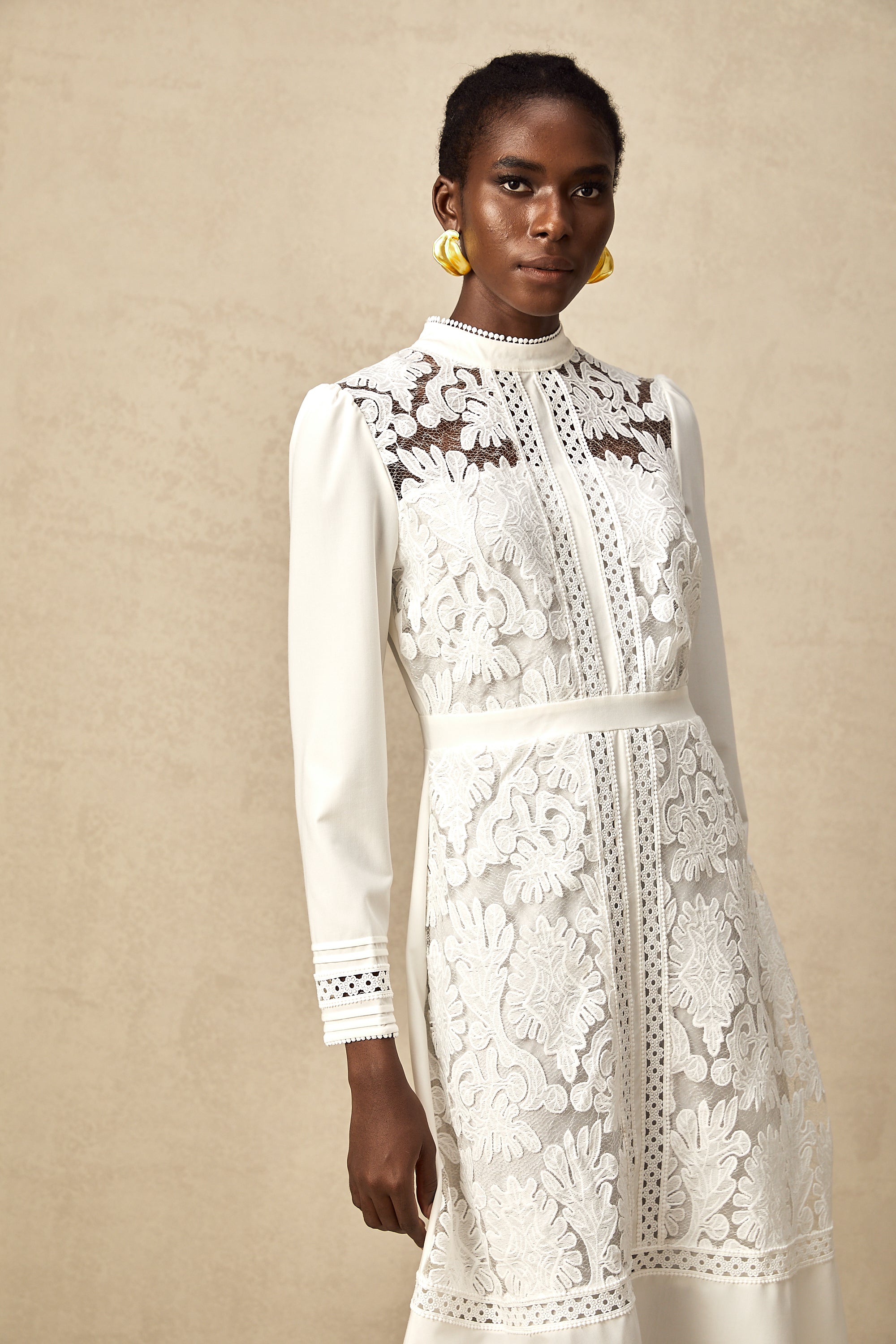 Madeleine white panelled embroidery midi dress