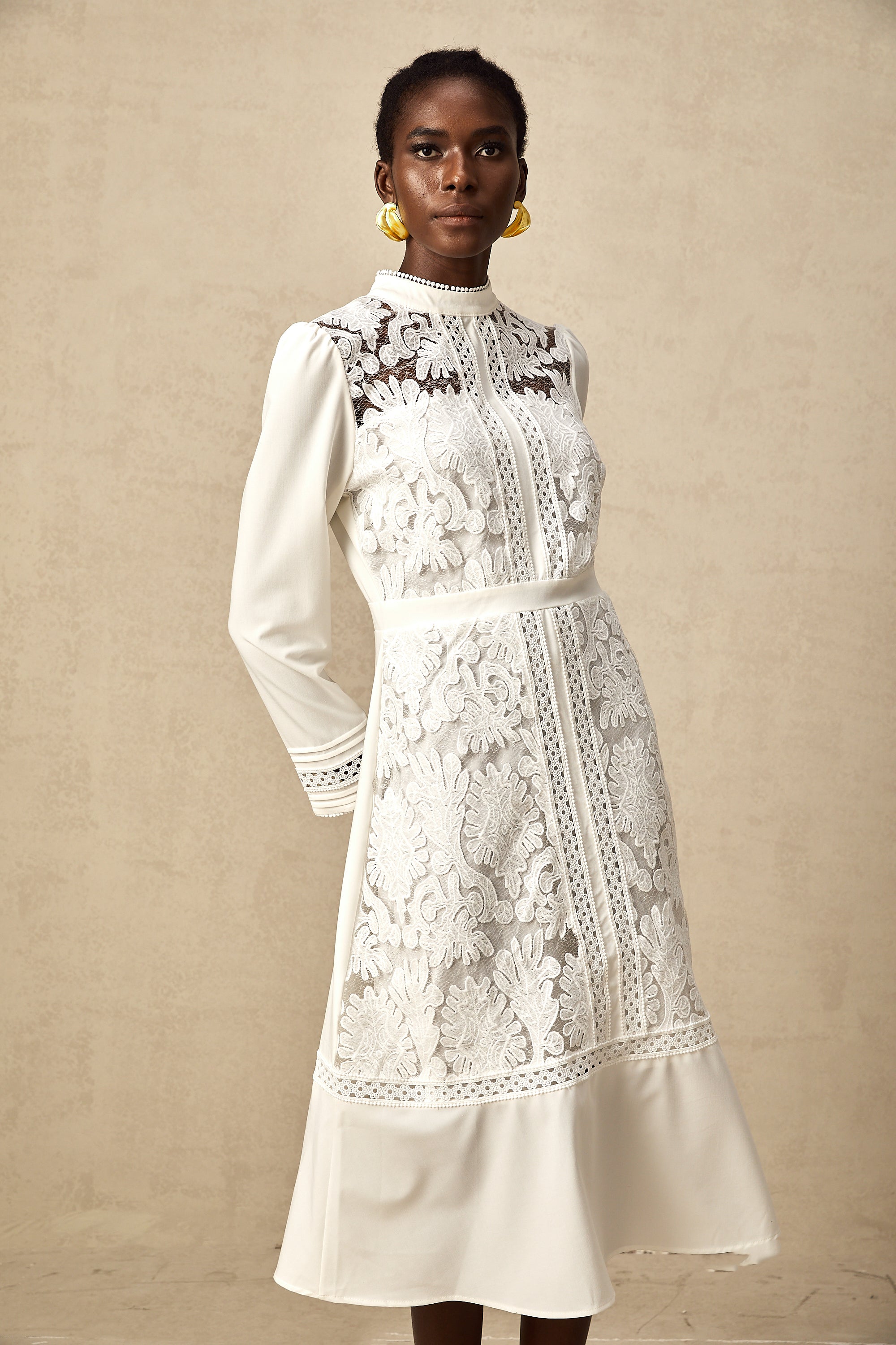 Madeleine white panelled embroidery midi dress