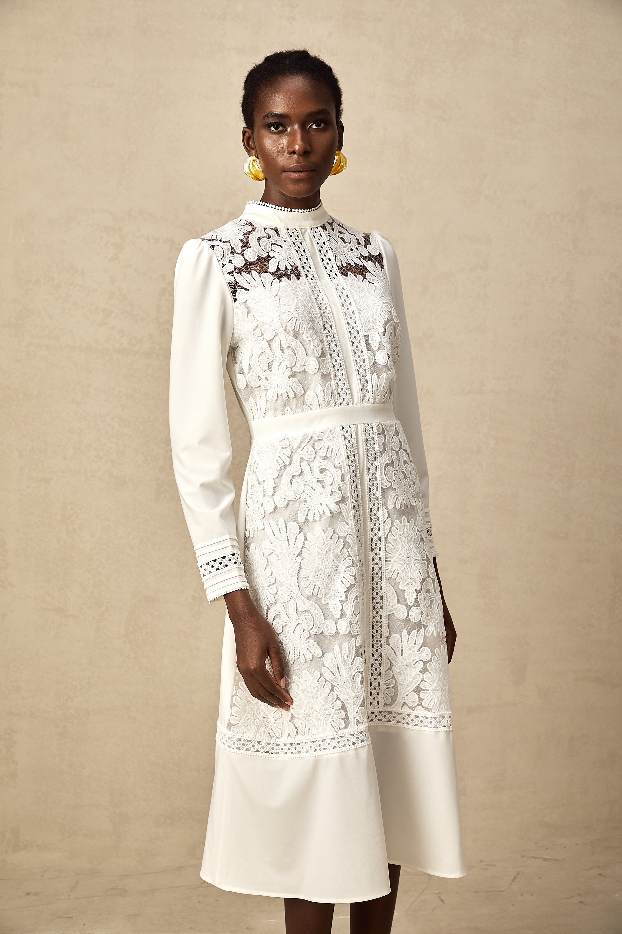 Madeleine white panelled embroidery midi dress