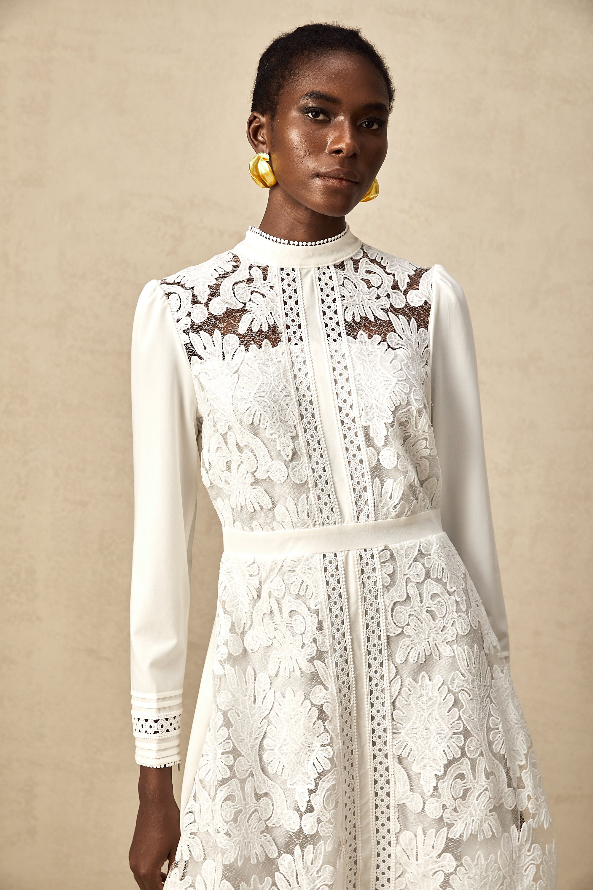 Madeleine white panelled embroidery midi dress