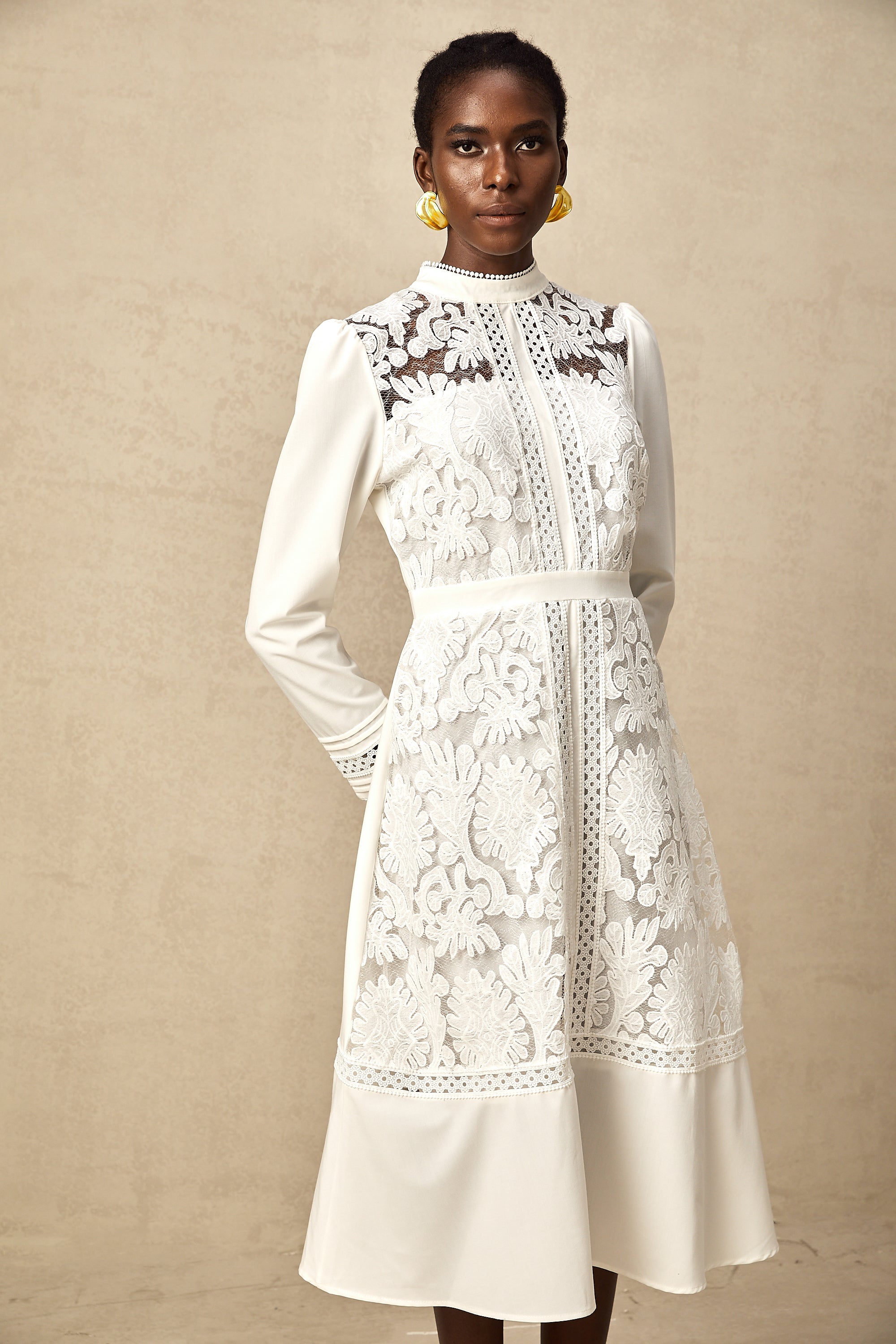 Madeleine white panelled embroidery midi dress