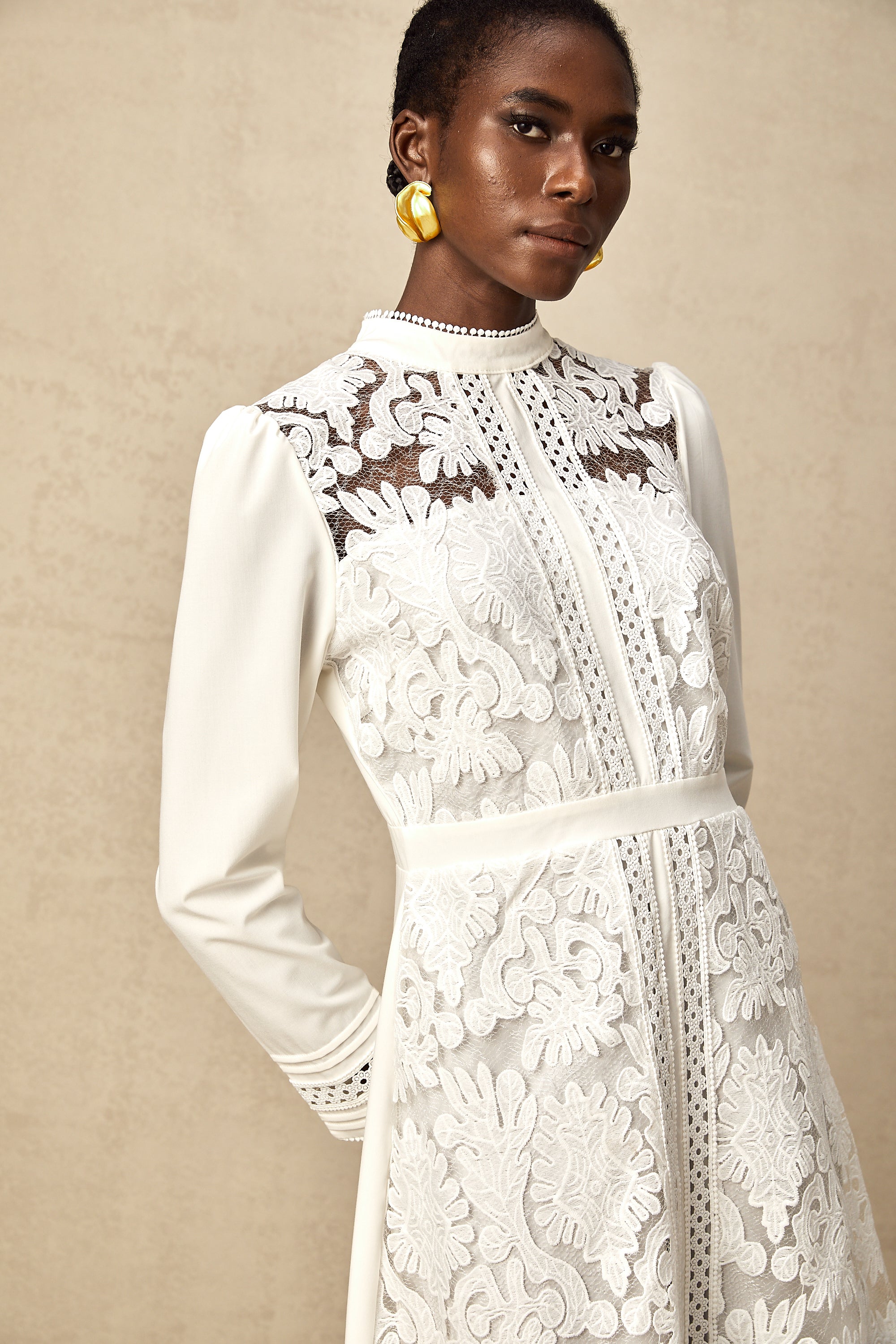 Madeleine white panelled embroidery midi dress