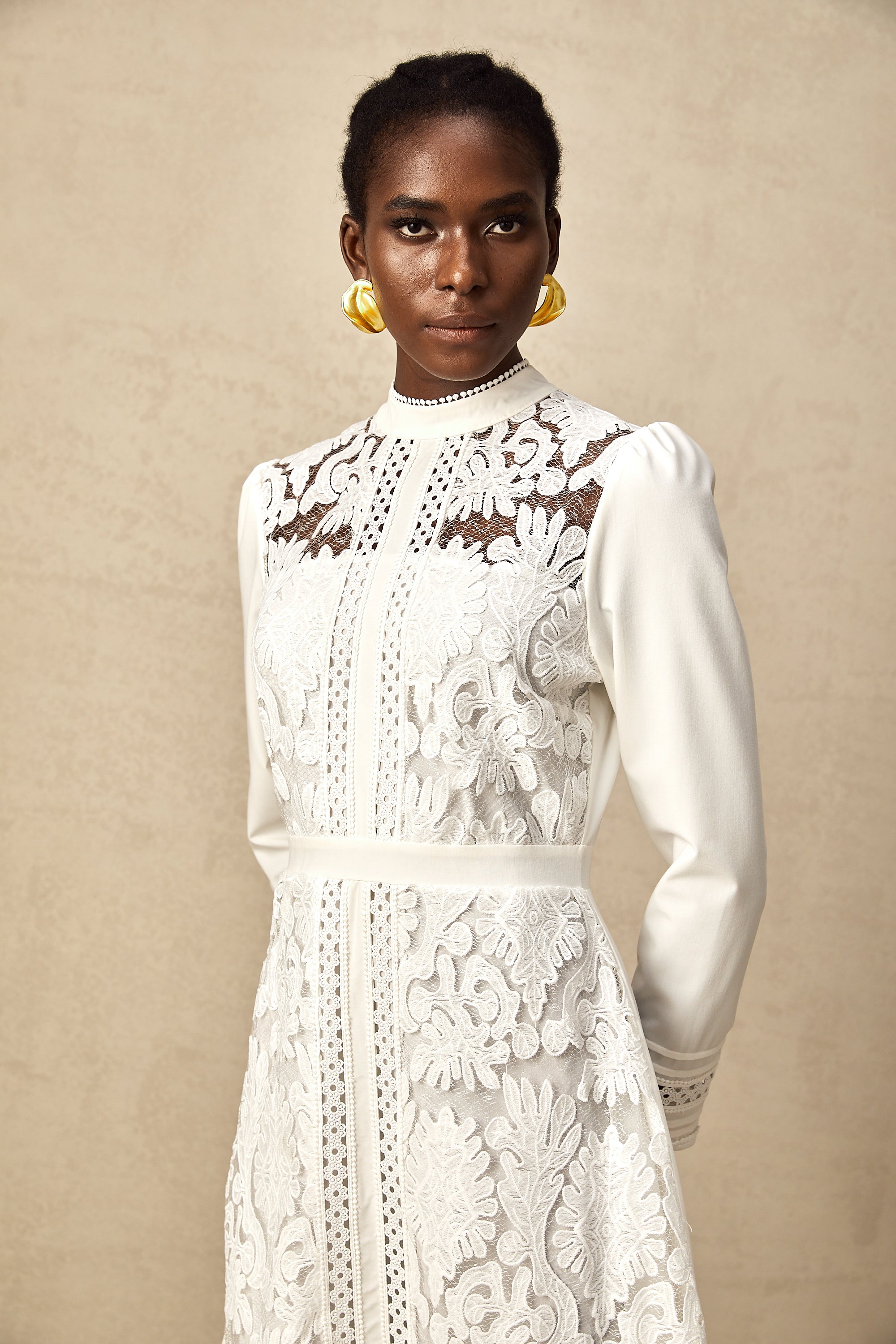 Madeleine white panelled embroidery midi dress