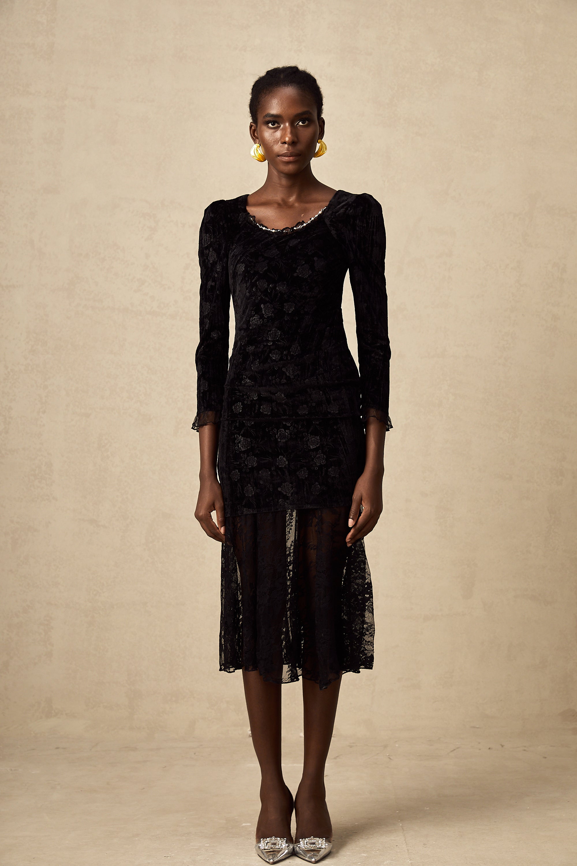 Naïa guipure lace velvet panelled midi dress