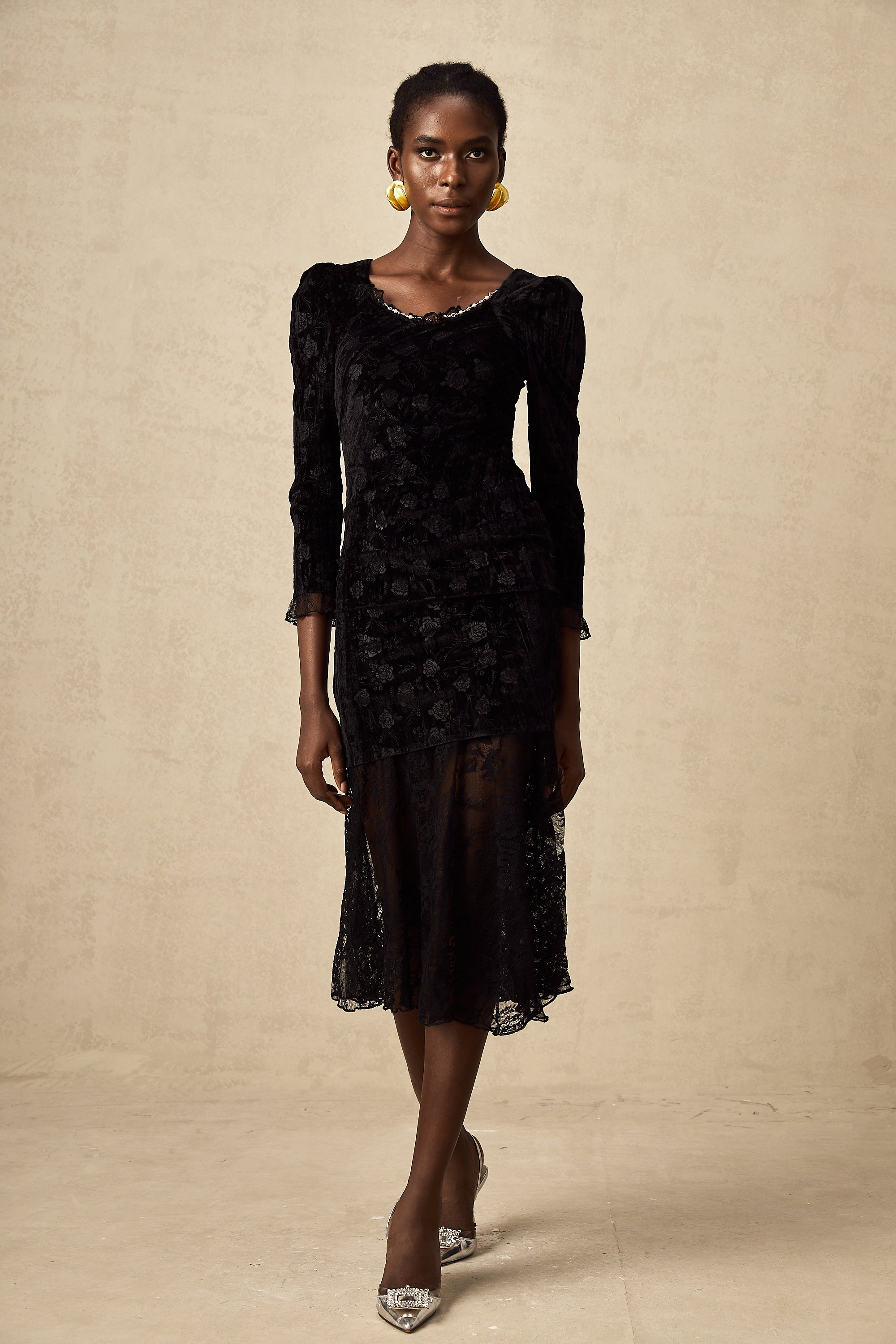 Naïa guipure lace velvet panelled midi dress