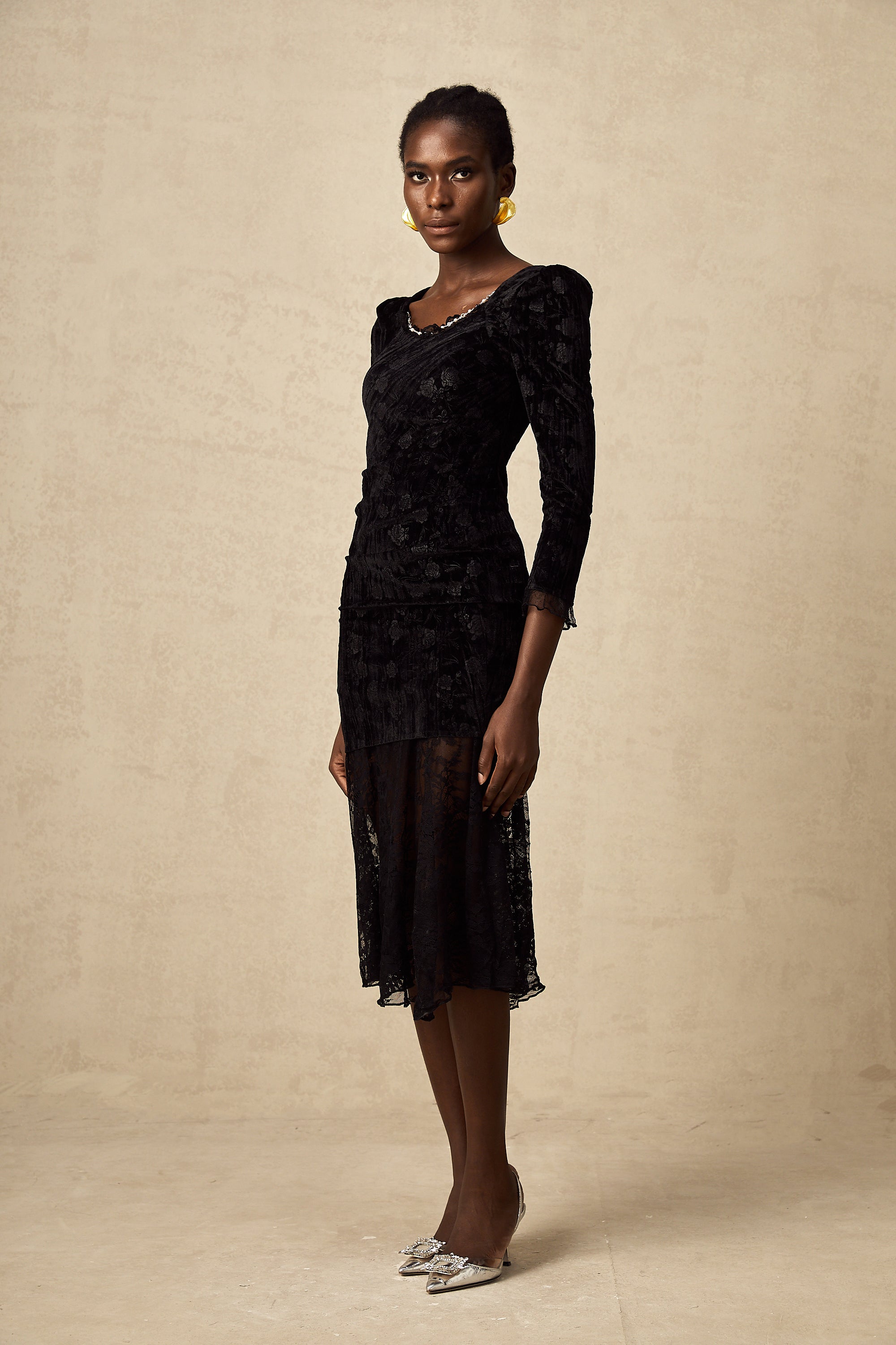 Naïa guipure lace velvet panelled midi dress