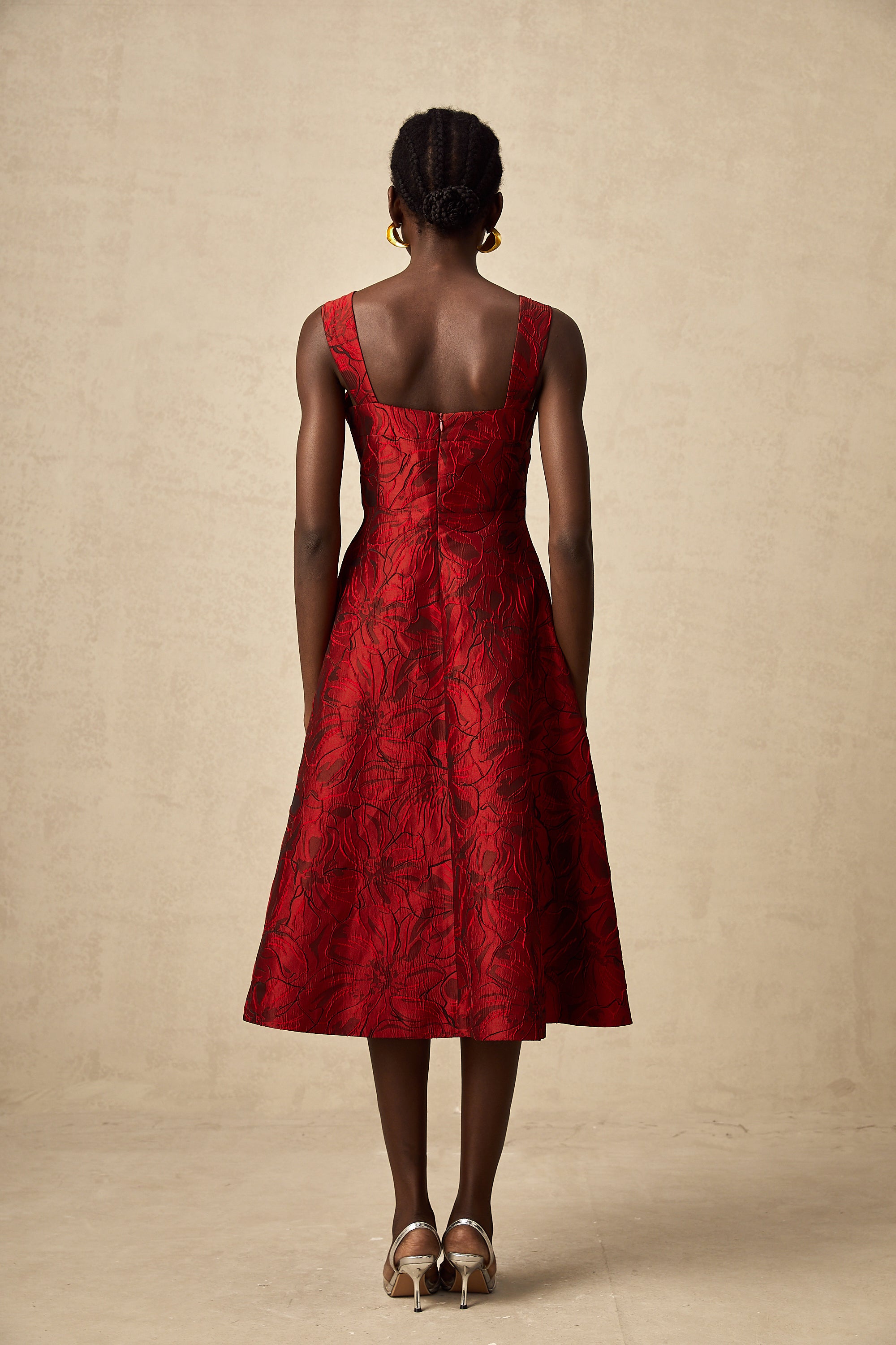 Hélène red floral-jacquard midi dress