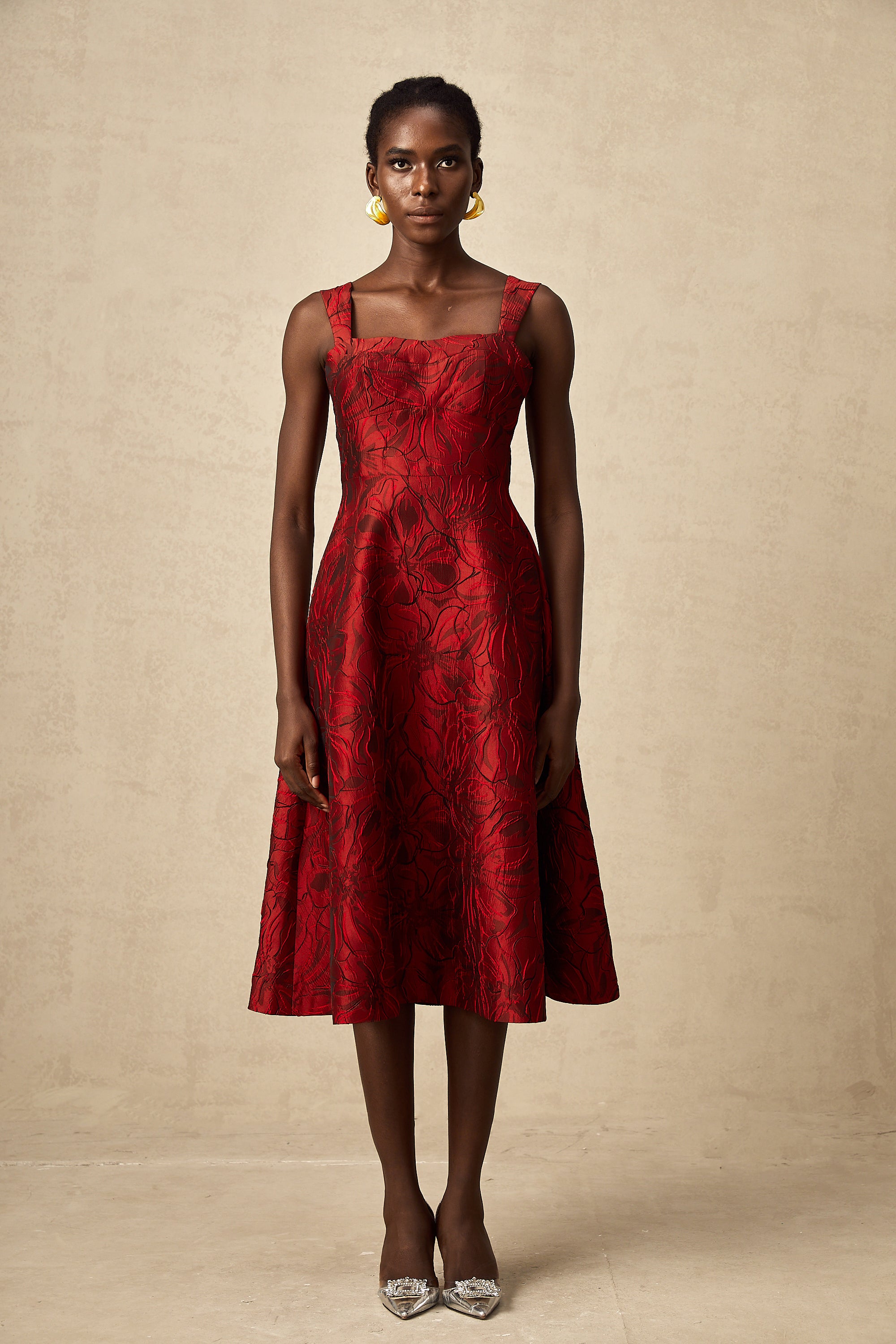 Hélène red floral-jacquard midi dress