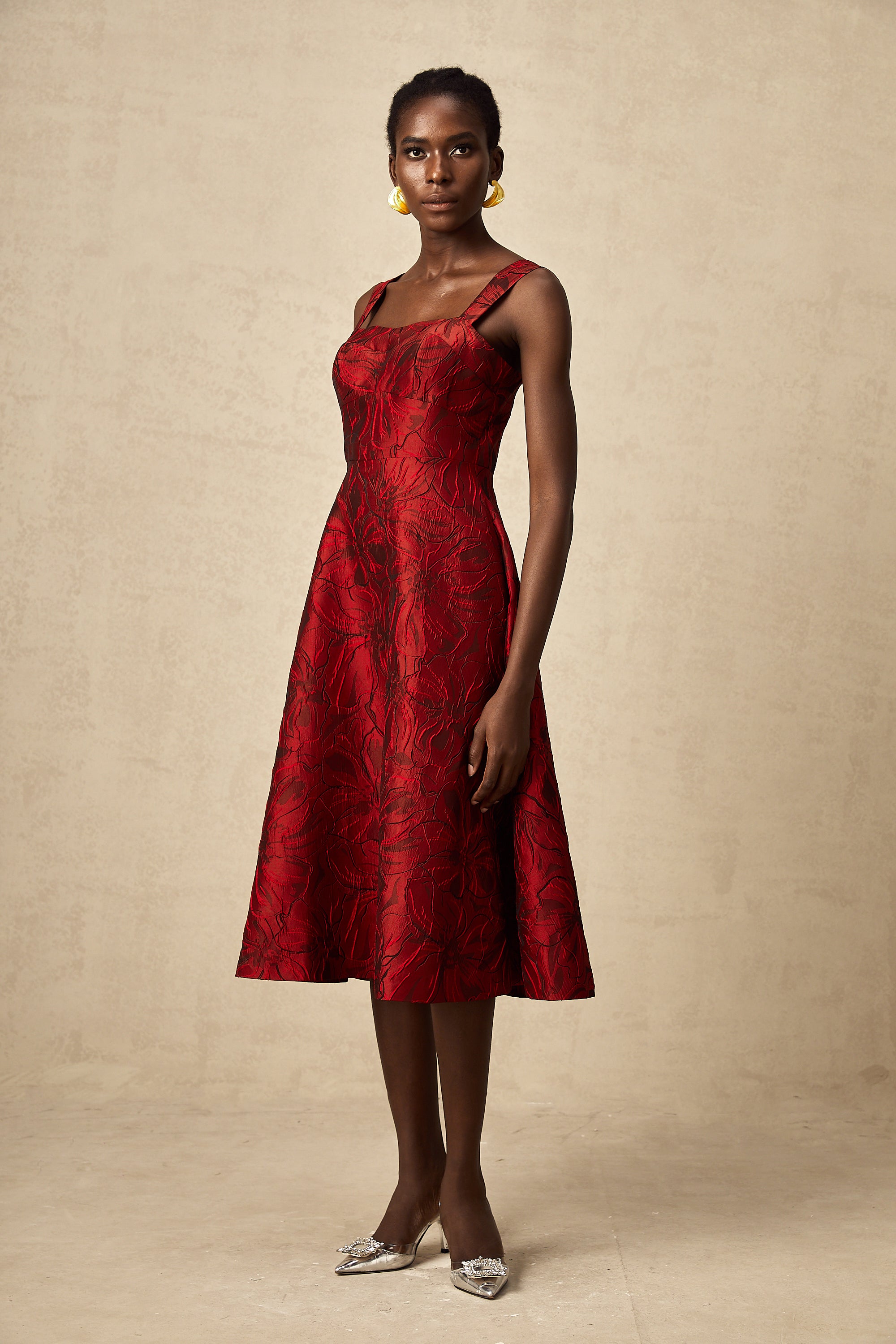 Hélène red floral-jacquard midi dress