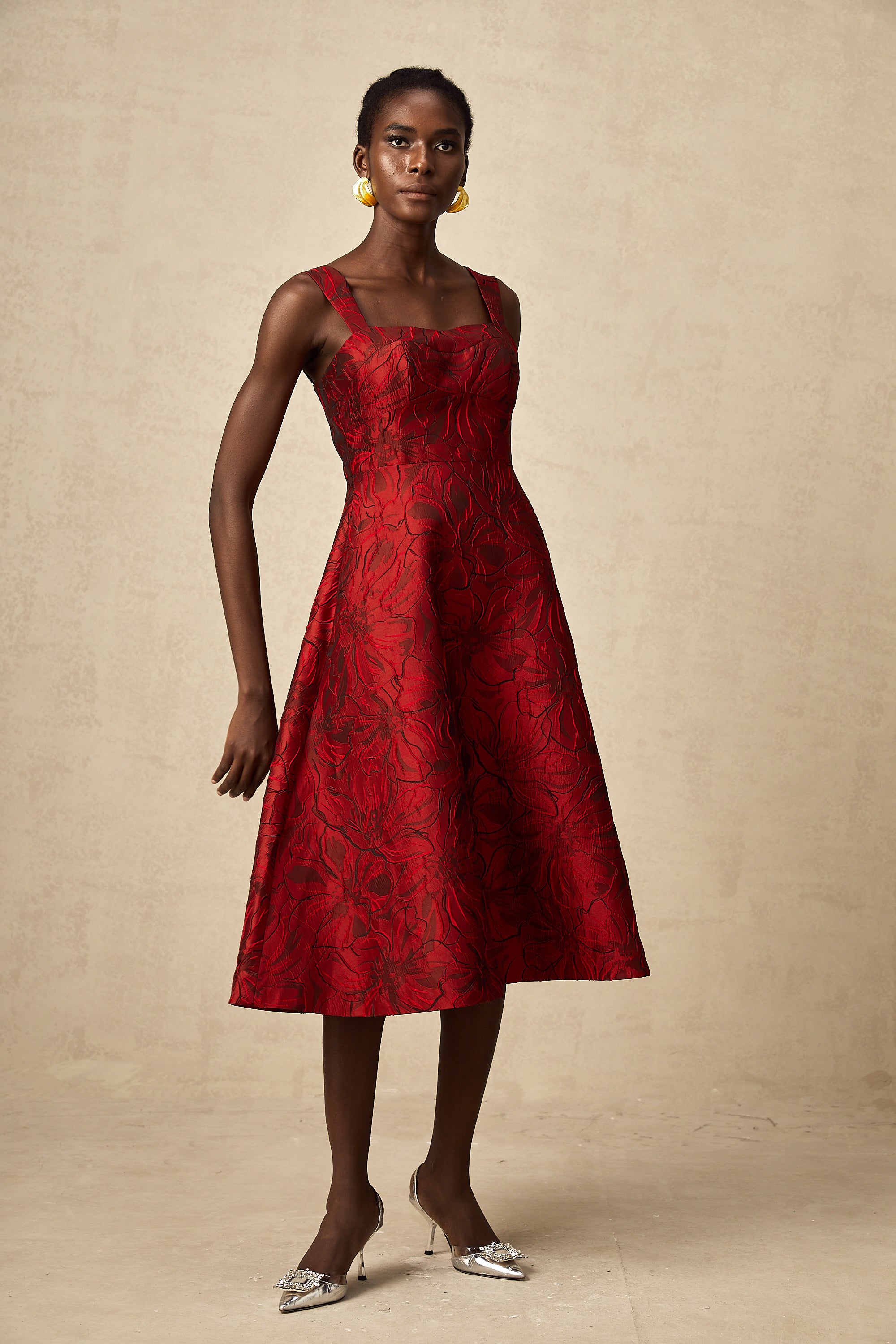 Hélène red floral-jacquard midi dress