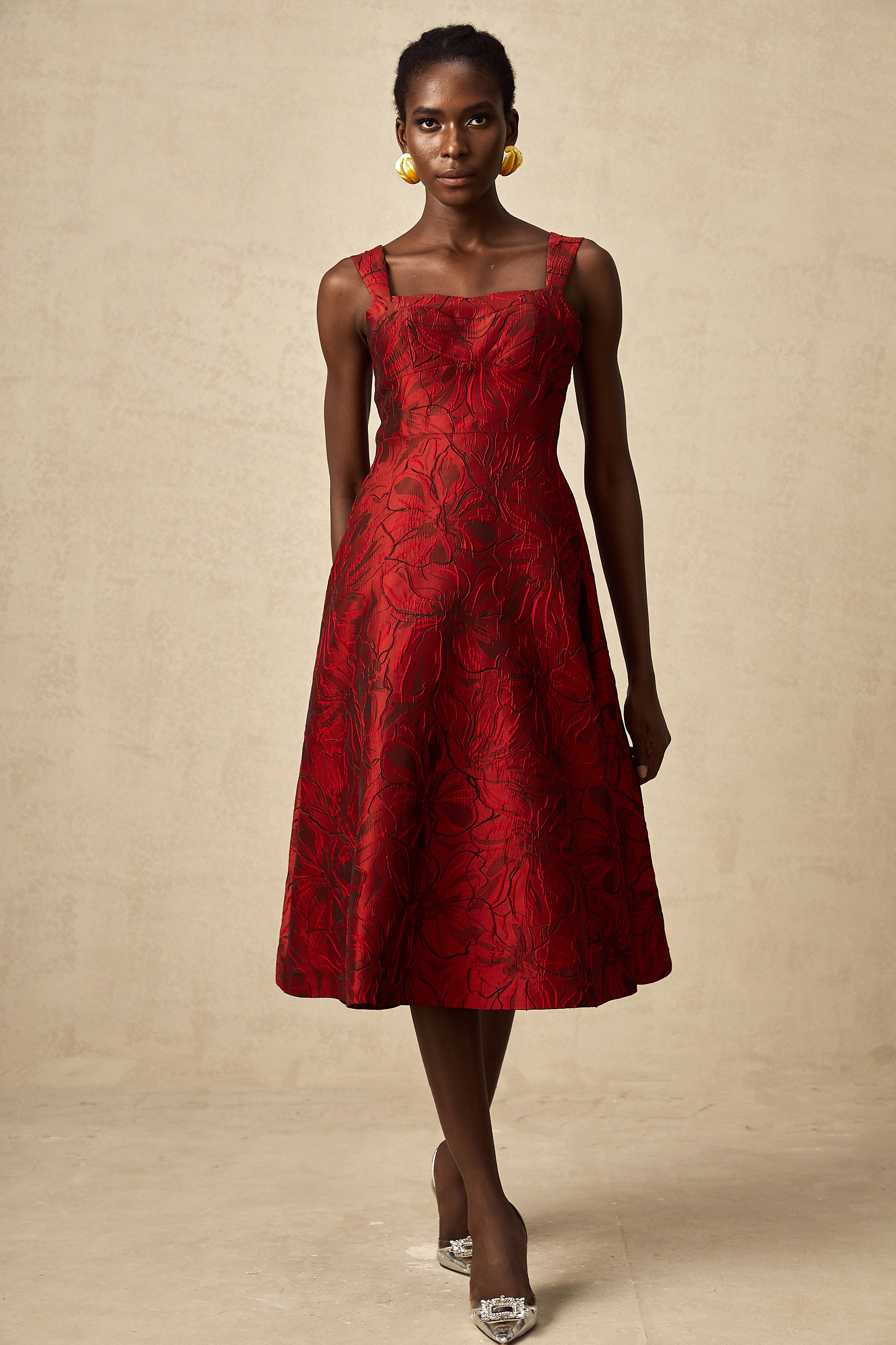 Hélène red floral-jacquard midi dress