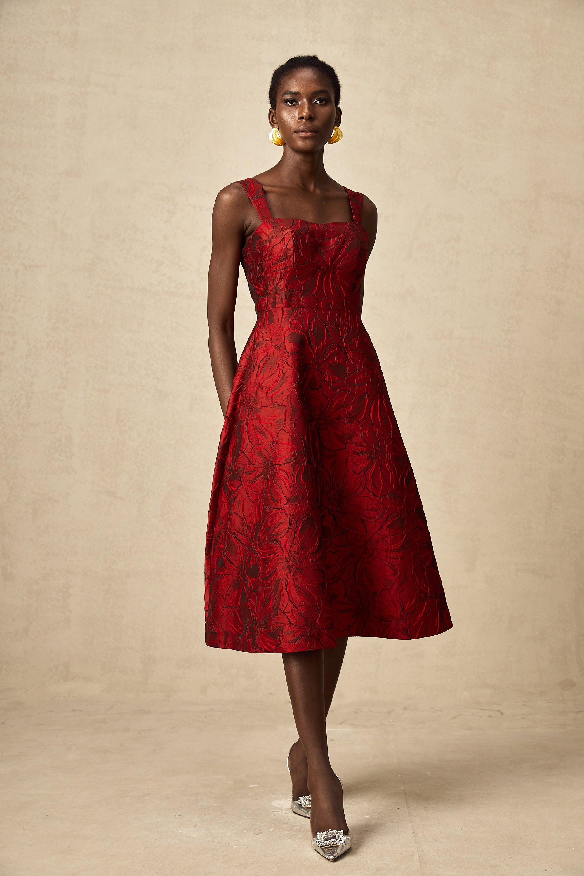 Hélène red floral-jacquard midi dress