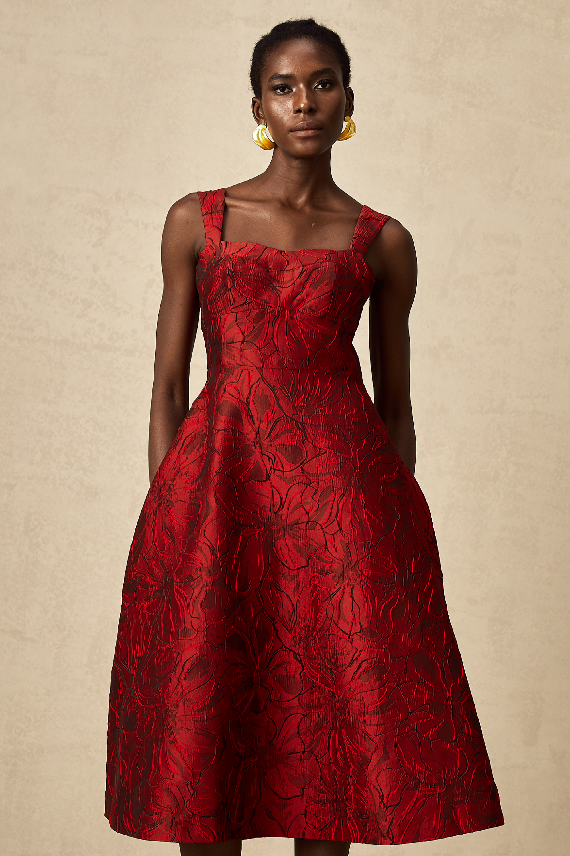 Hélène red floral-jacquard midi dress