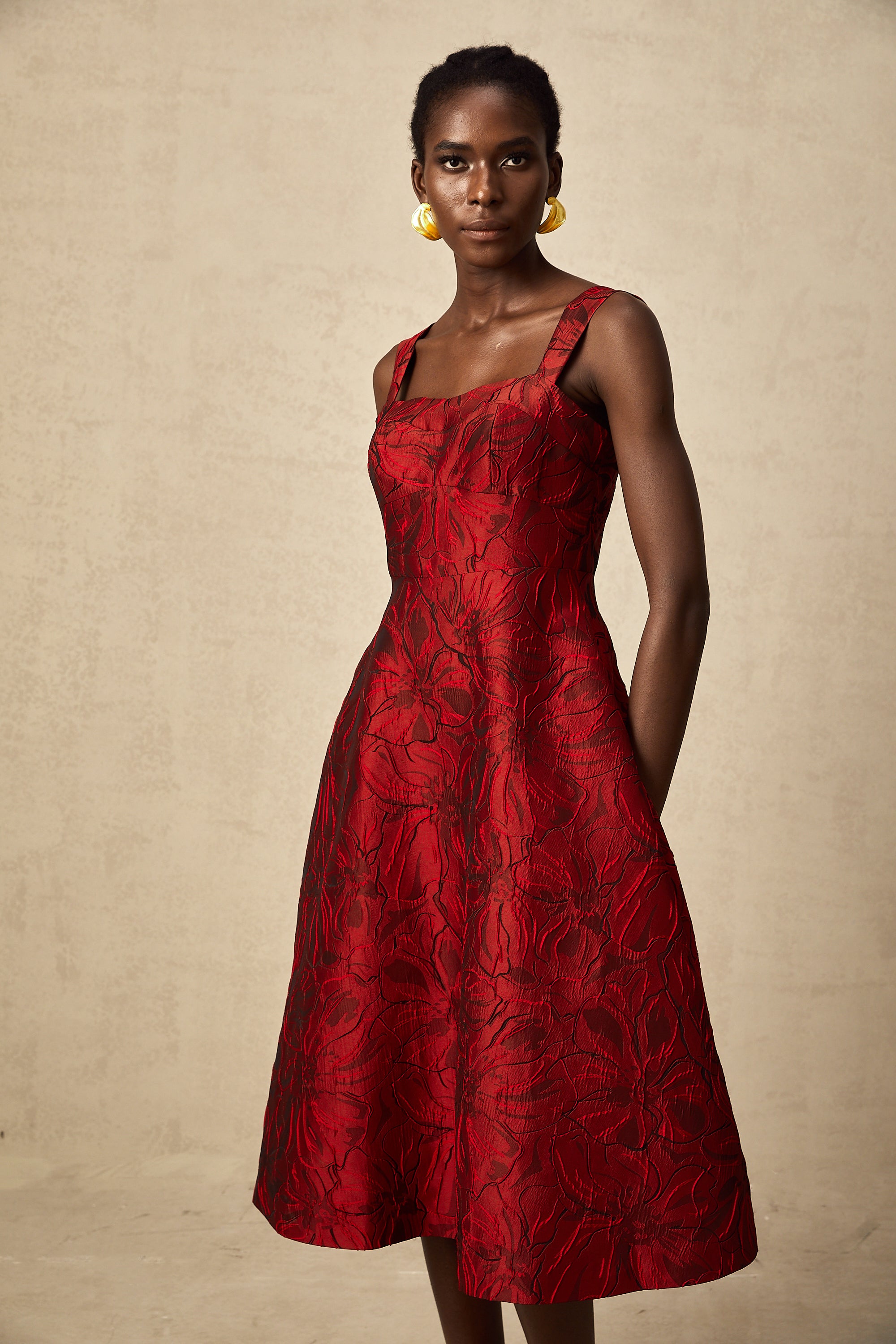 Hélène red floral-jacquard midi dress