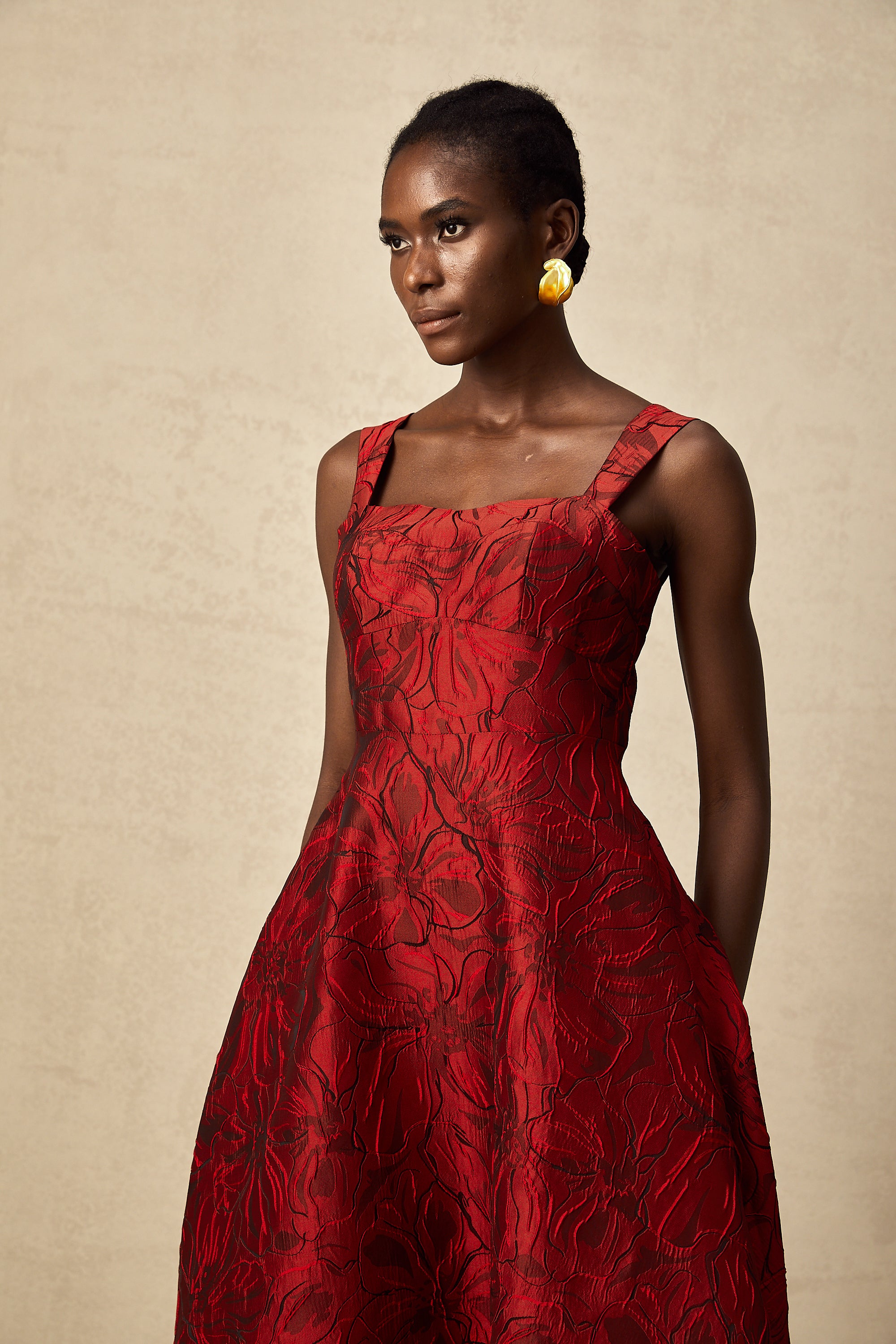 Hélène red floral-jacquard midi dress