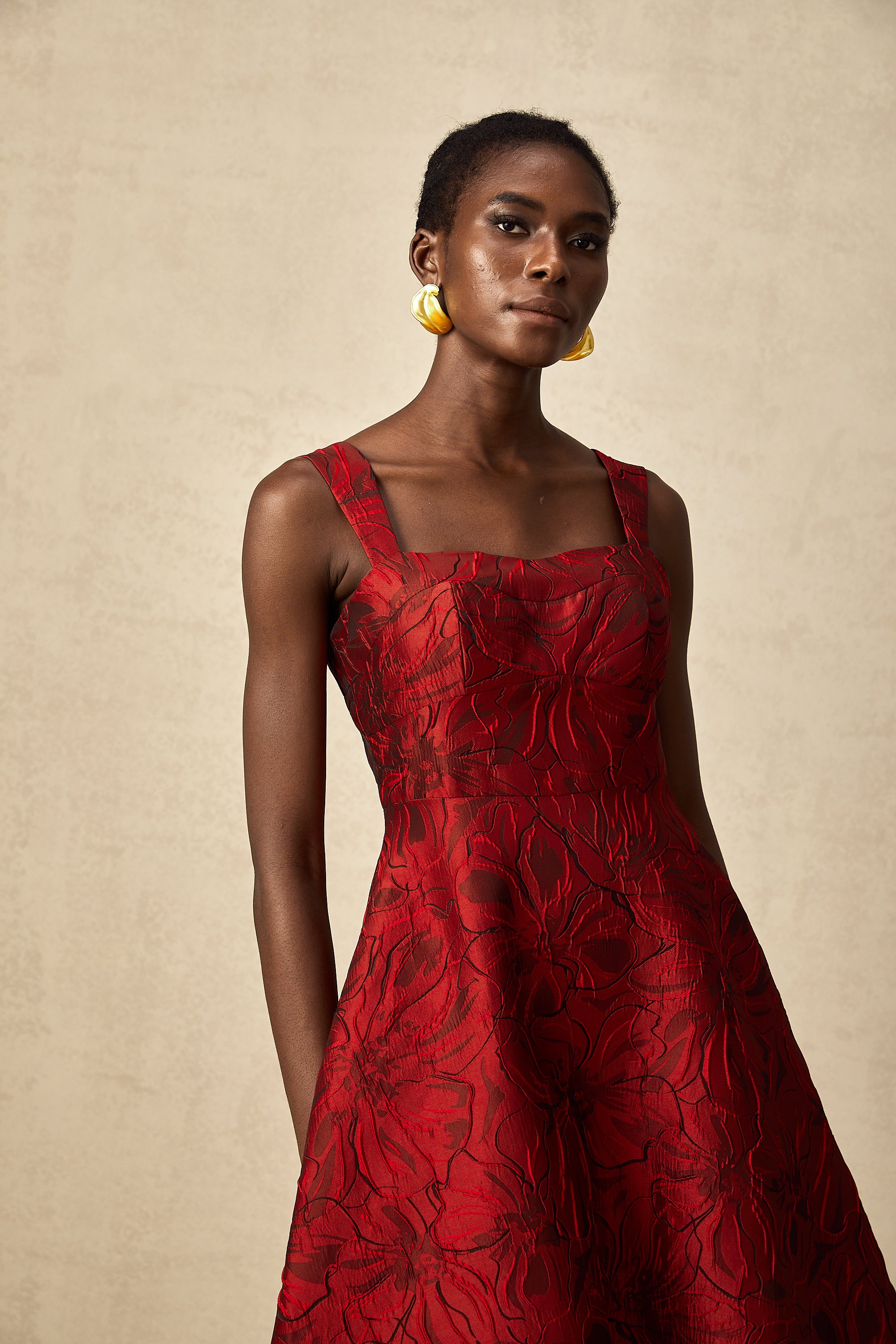 Hélène red floral-jacquard midi dress