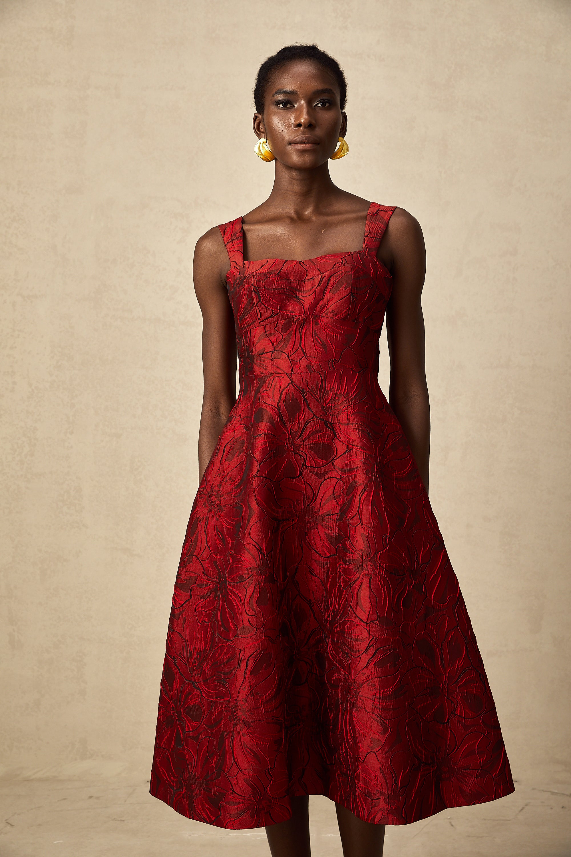 Hélène red floral-jacquard midi dress