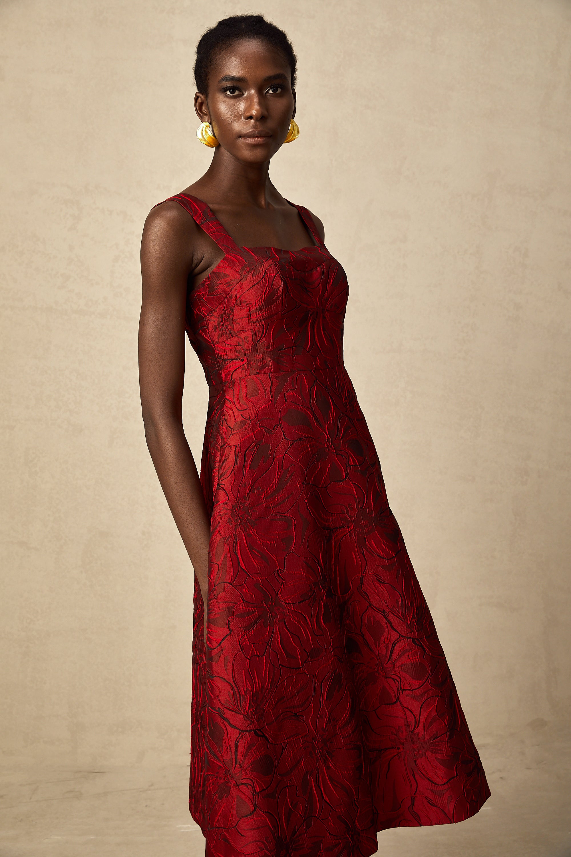 Hélène red floral-jacquard midi dress