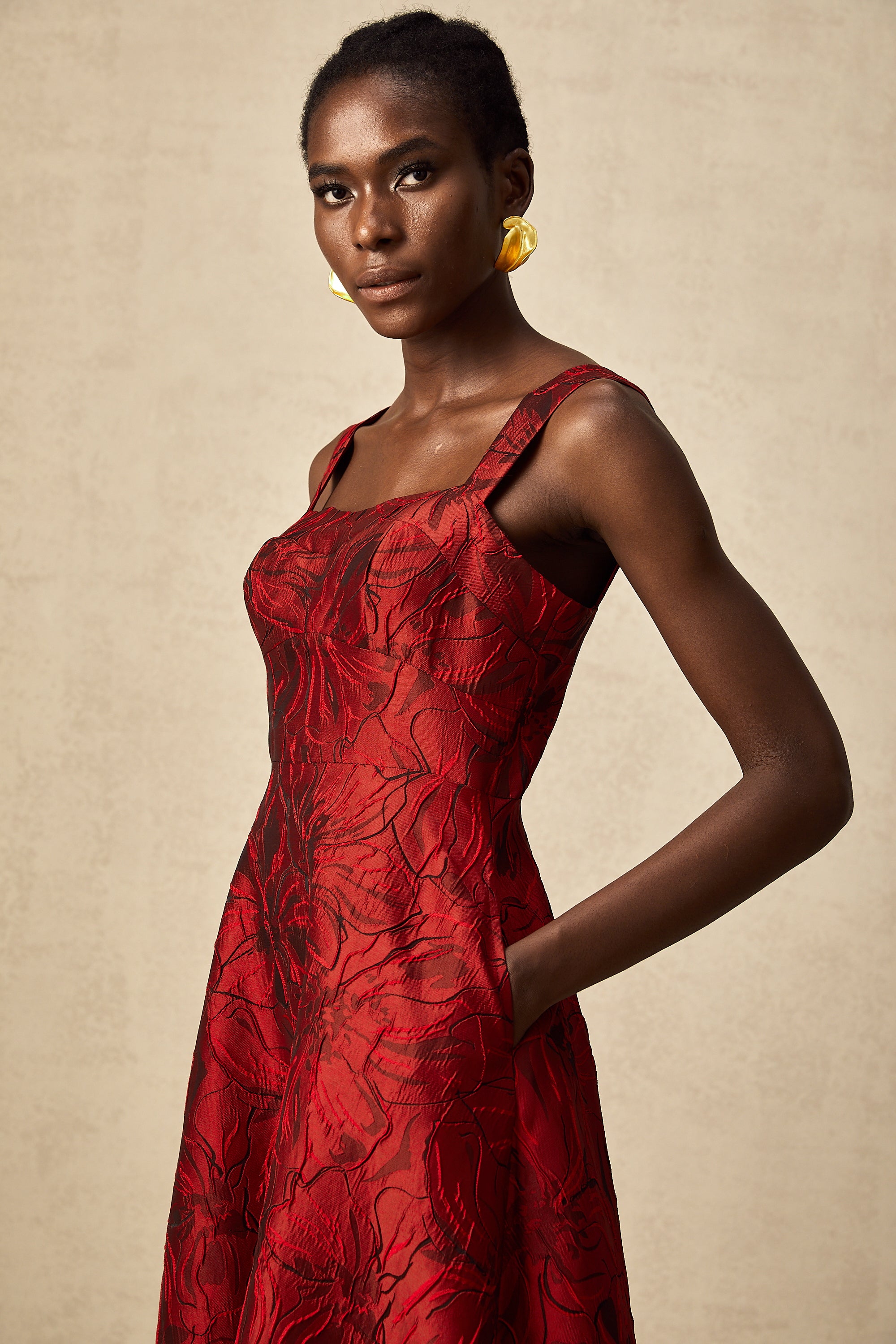 Hélène red floral-jacquard midi dress