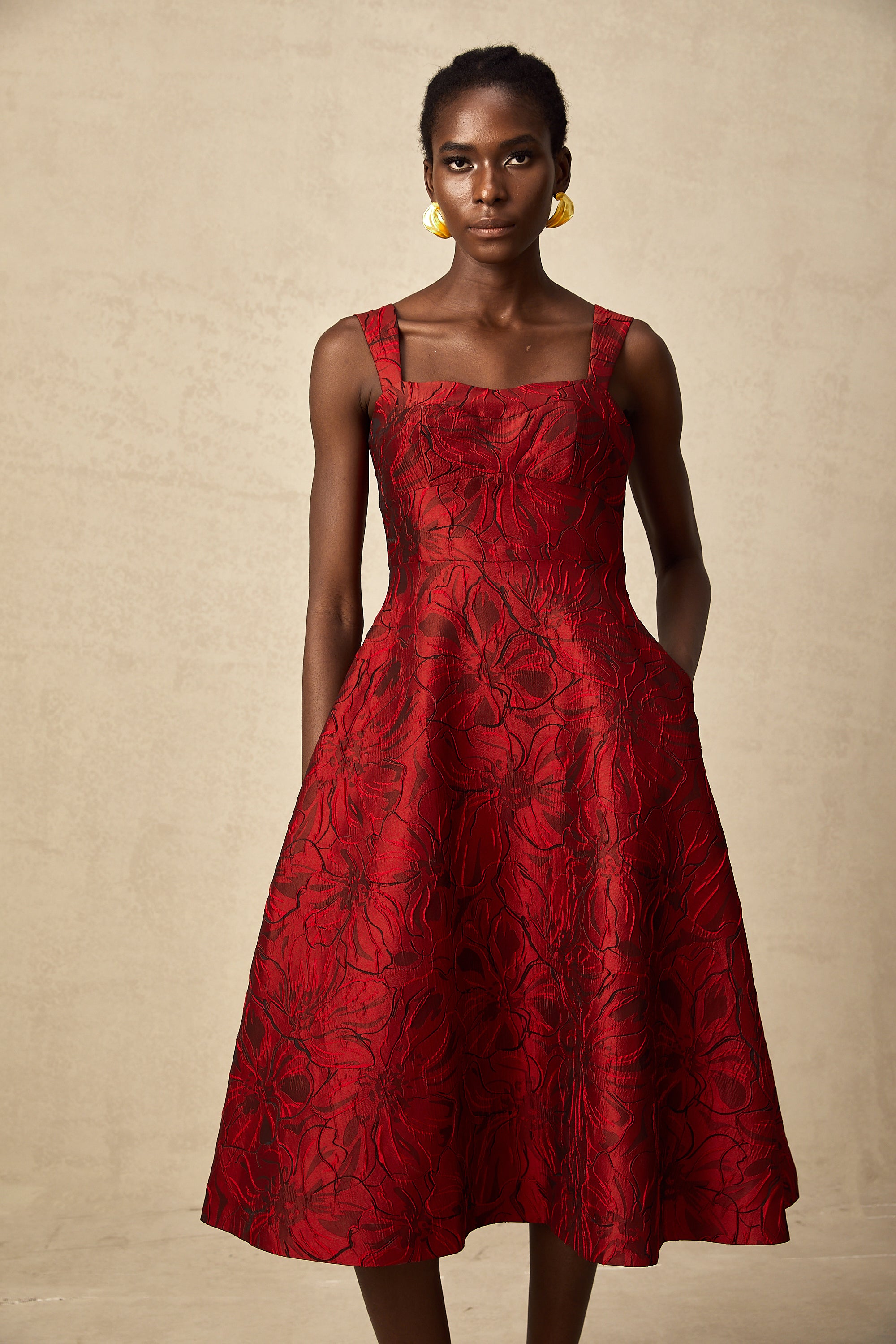 Hélène red floral-jacquard midi dress