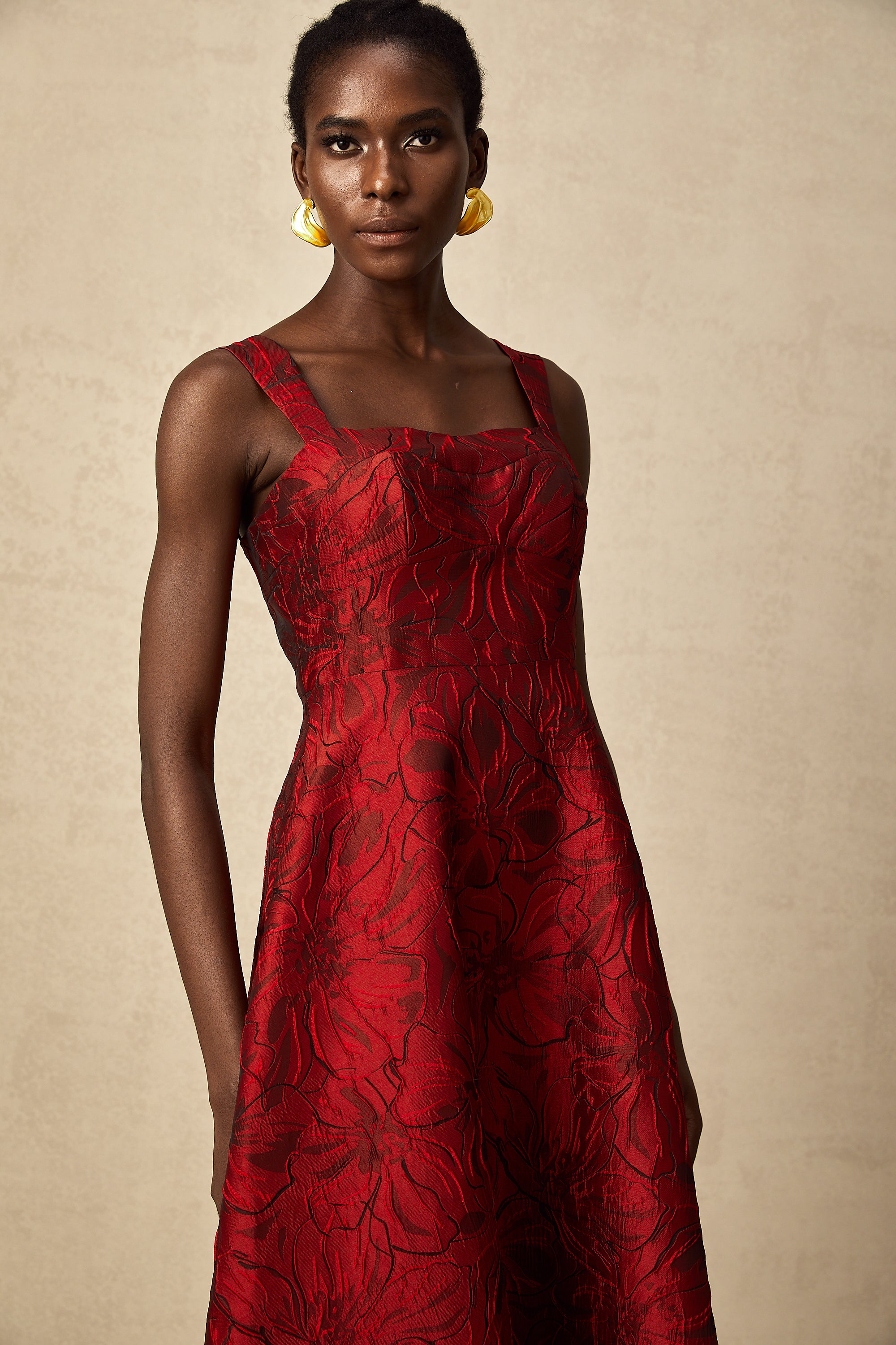 Hélène red floral-jacquard midi dress