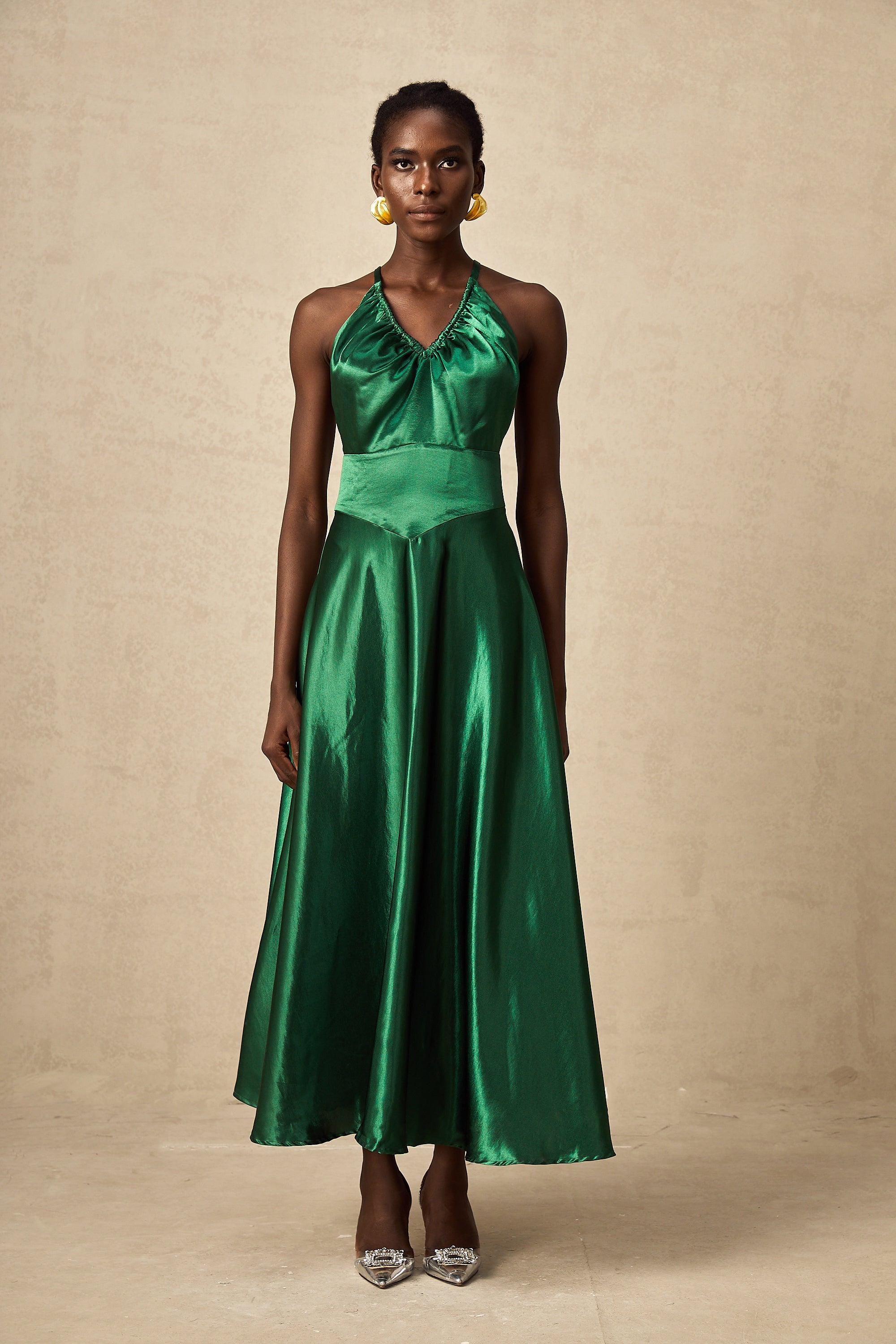 Geneviève emerald satin open-back midi dress