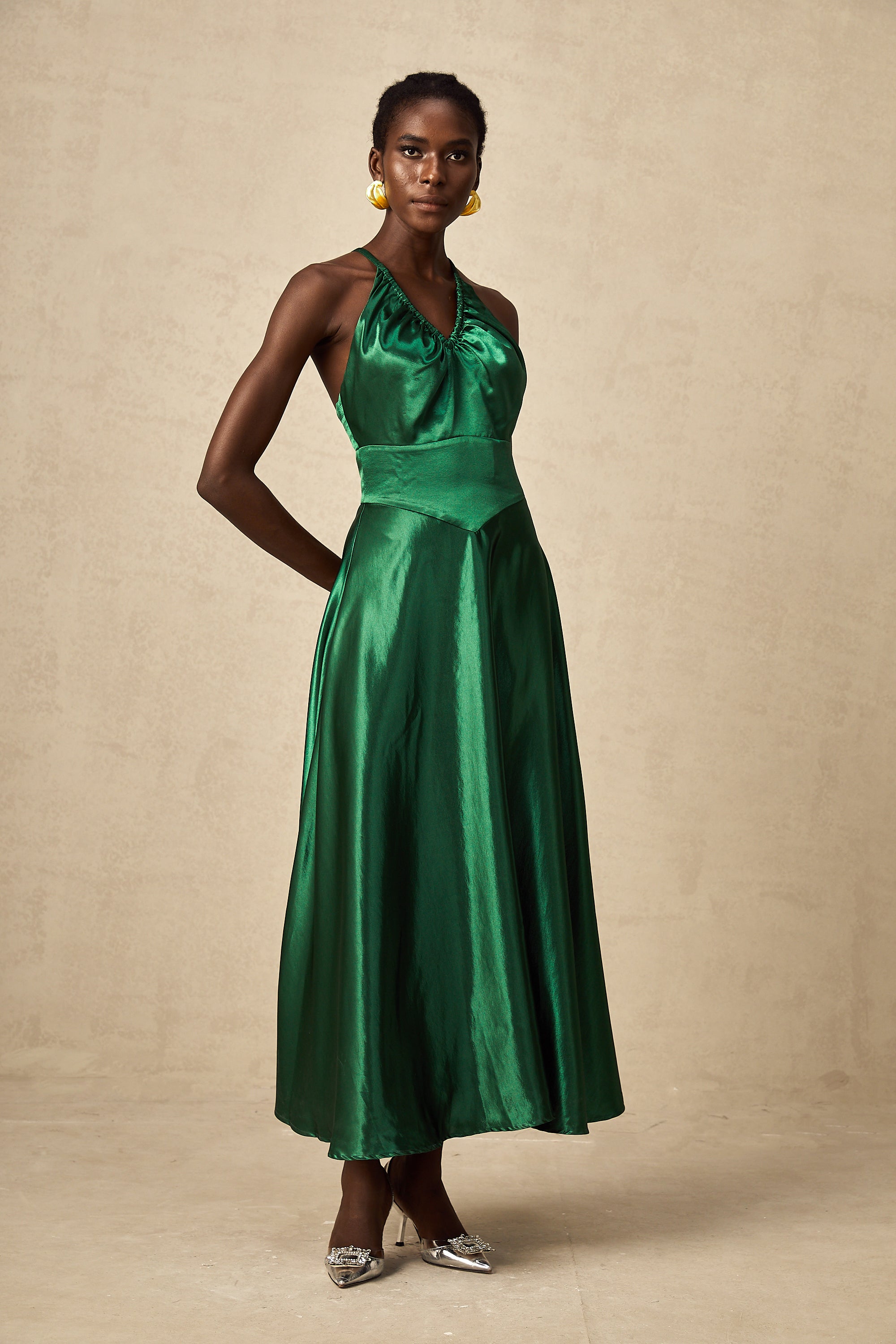 Geneviève emerald satin open-back midi dress