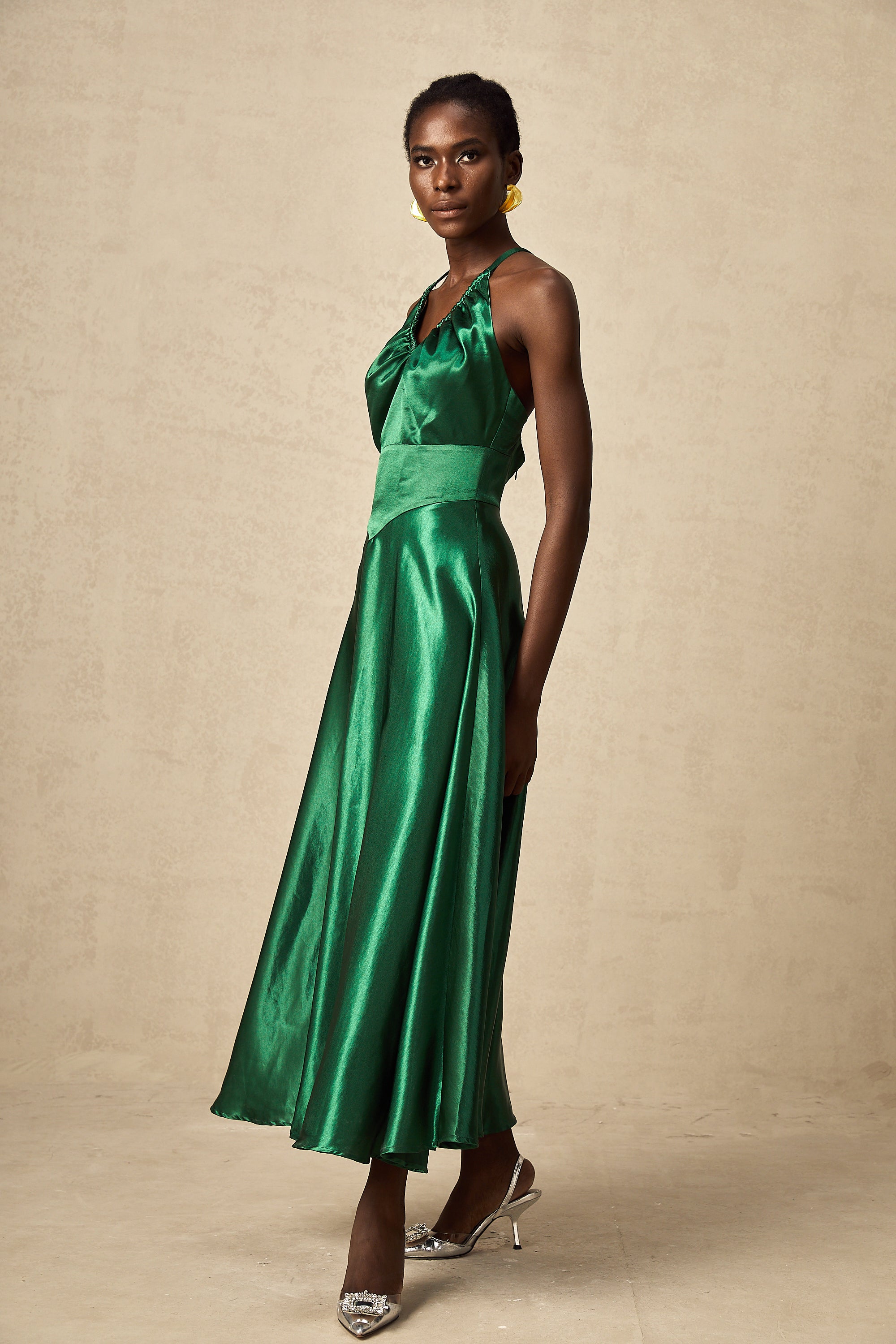 Geneviève emerald satin open-back midi dress