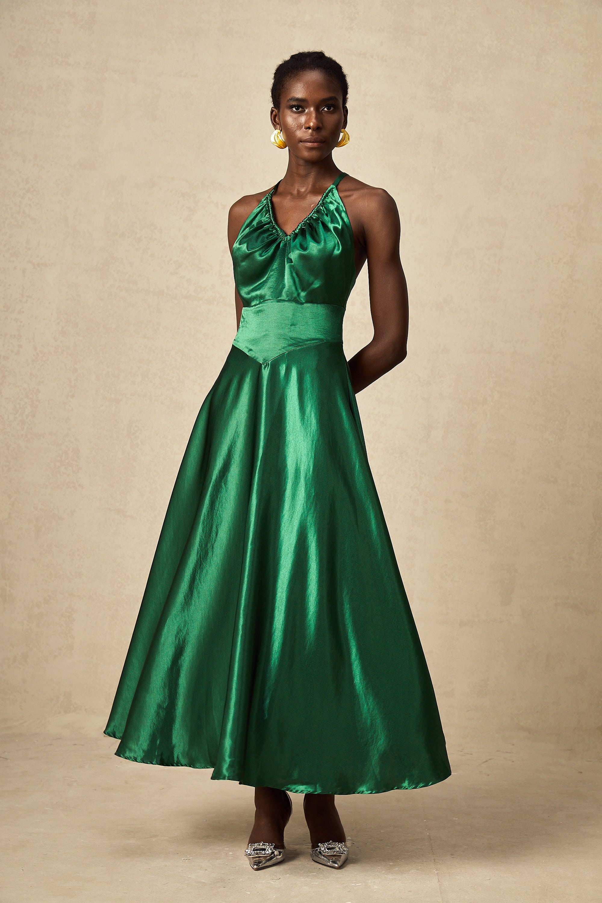 Geneviève emerald satin open-back midi dress