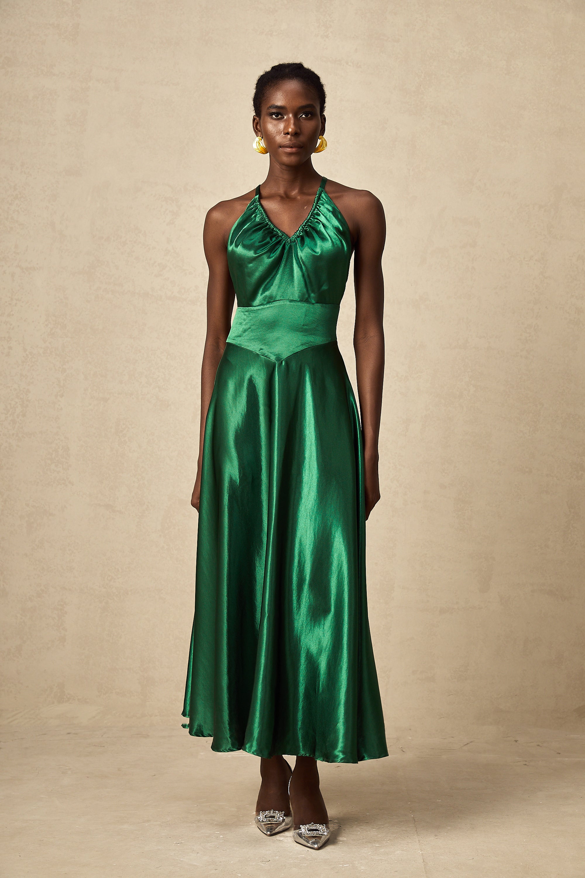 Geneviève emerald satin open-back midi dress