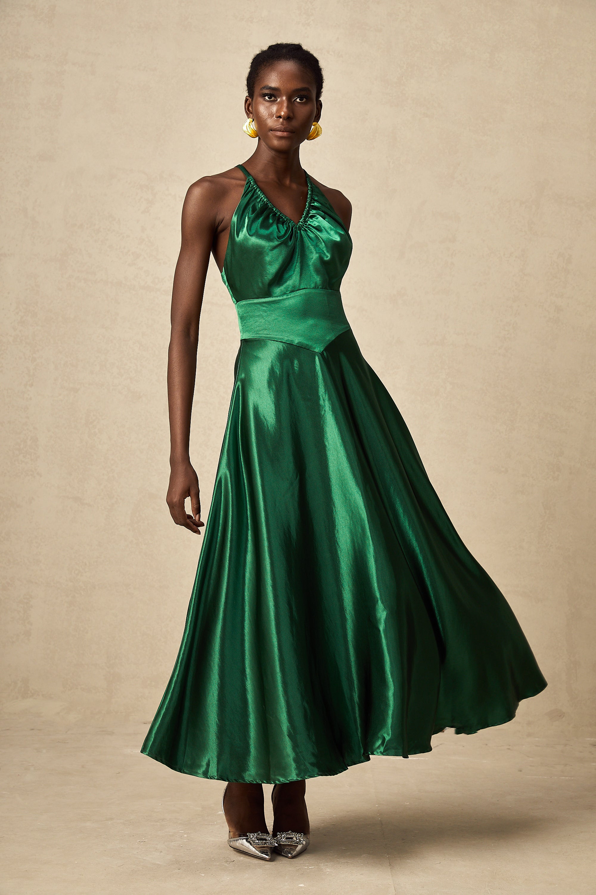 Geneviève emerald satin open-back midi dress