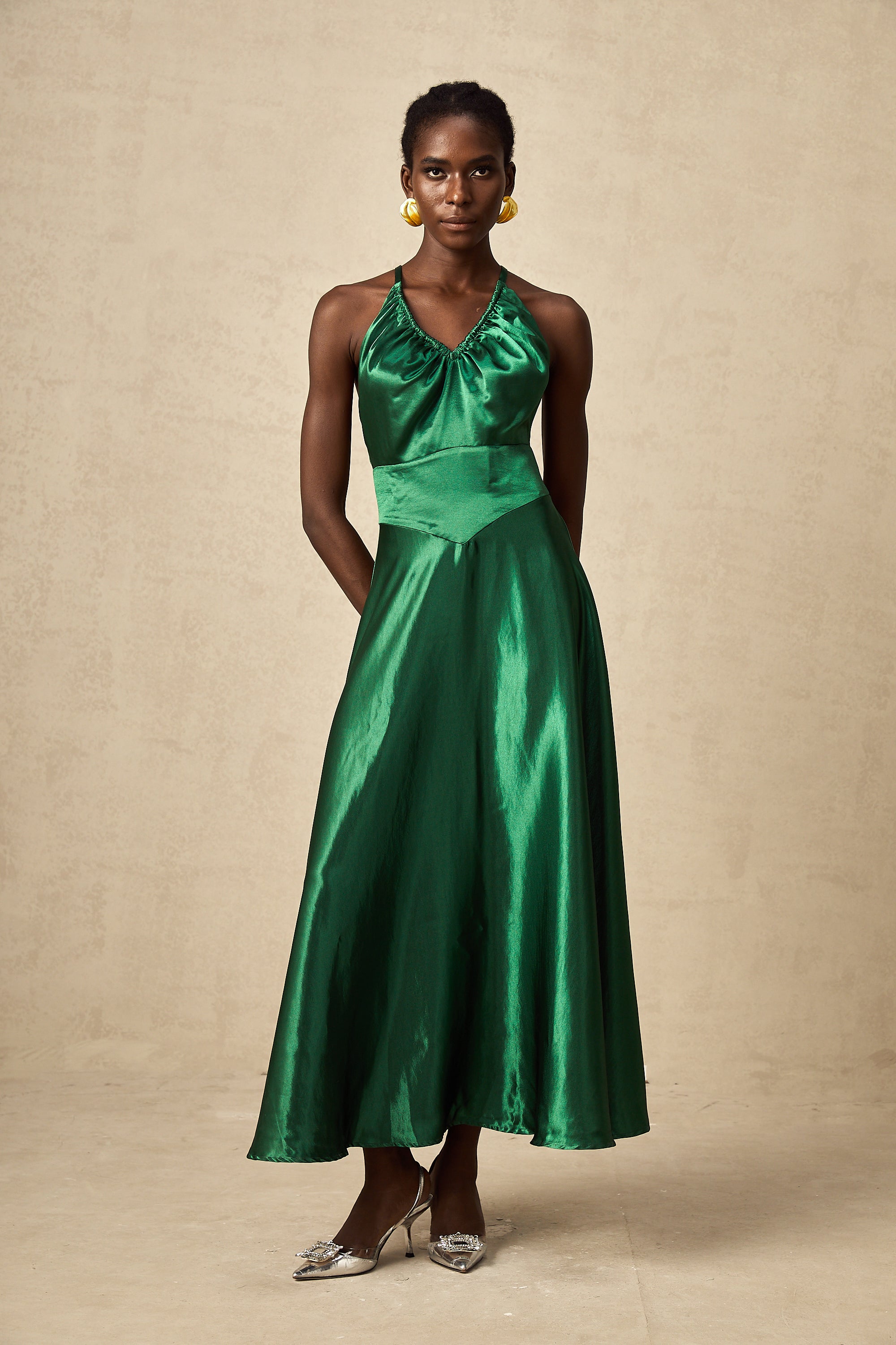 Geneviève emerald satin open-back midi dress