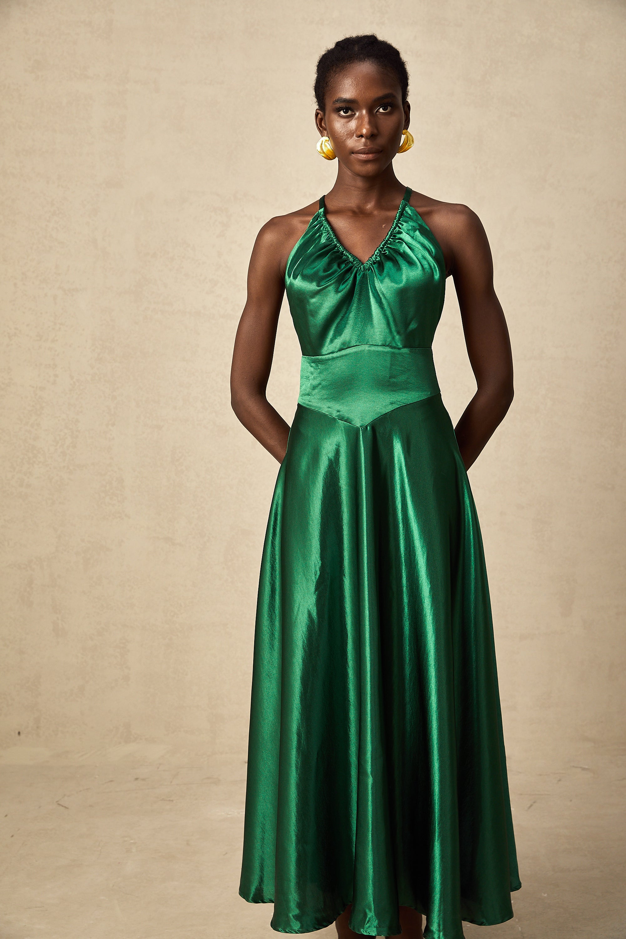 Geneviève emerald satin open-back midi dress