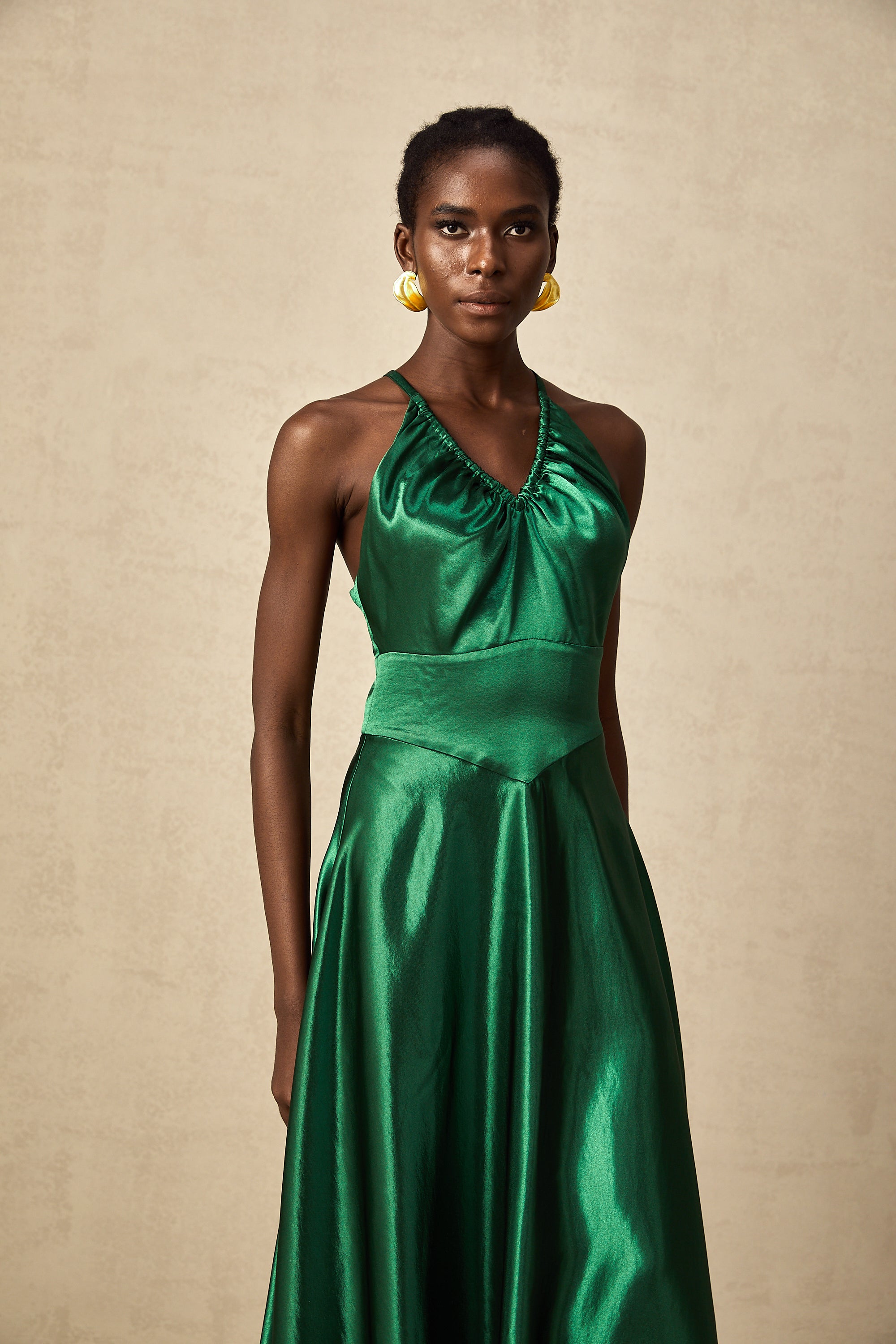 Geneviève emerald satin open-back midi dress