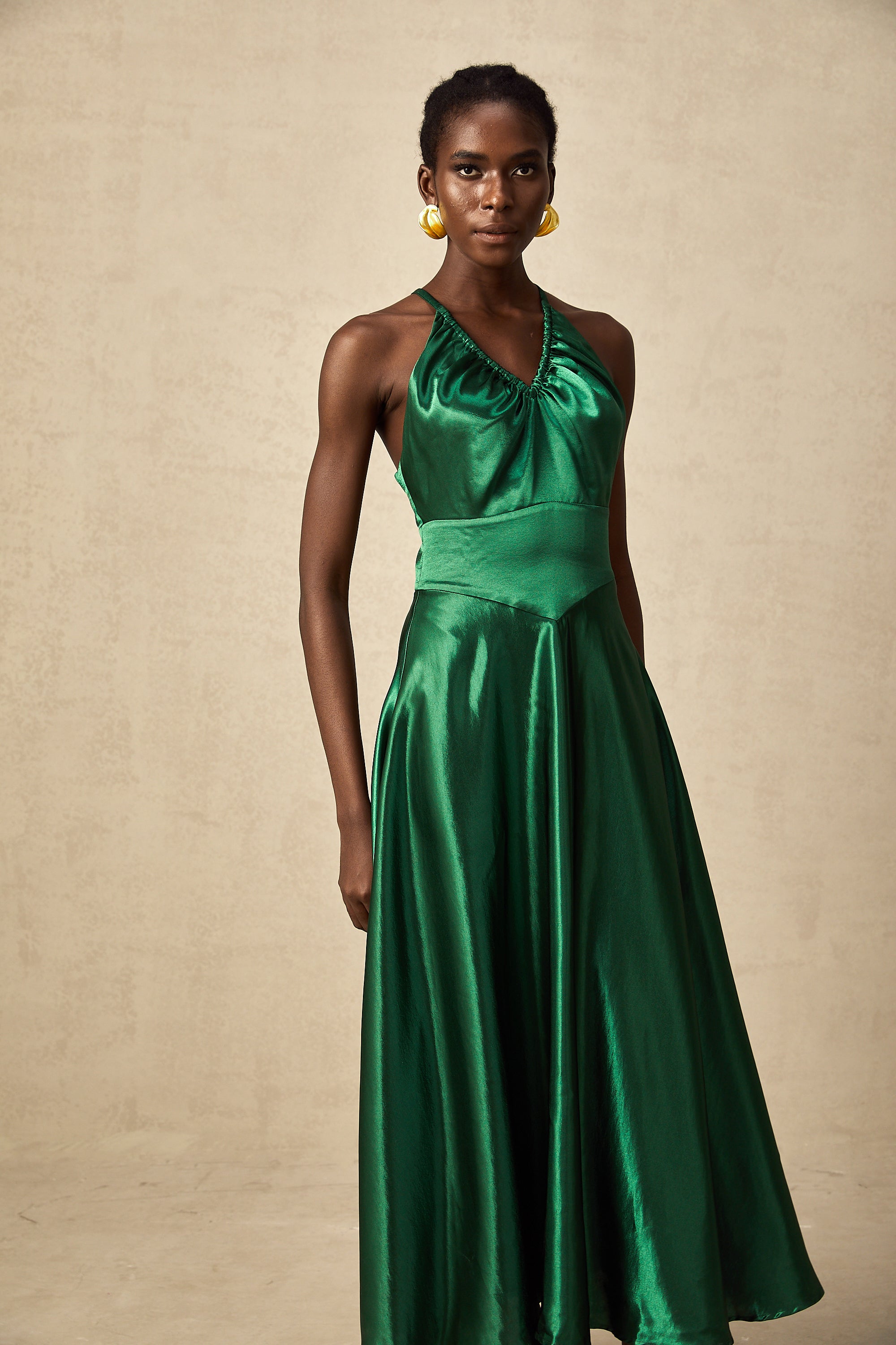 Geneviève emerald satin open-back midi dress