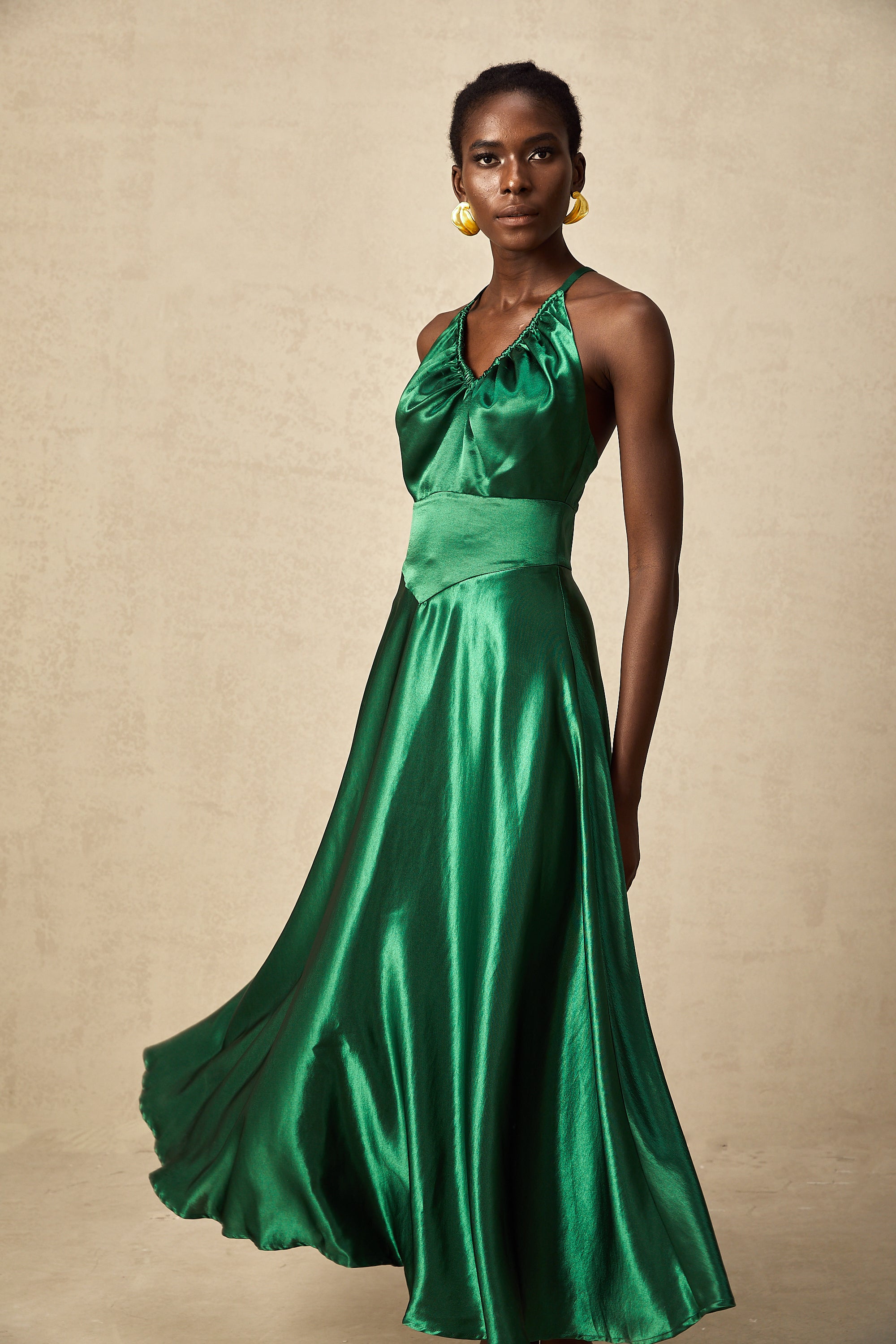 Geneviève emerald satin open-back midi dress