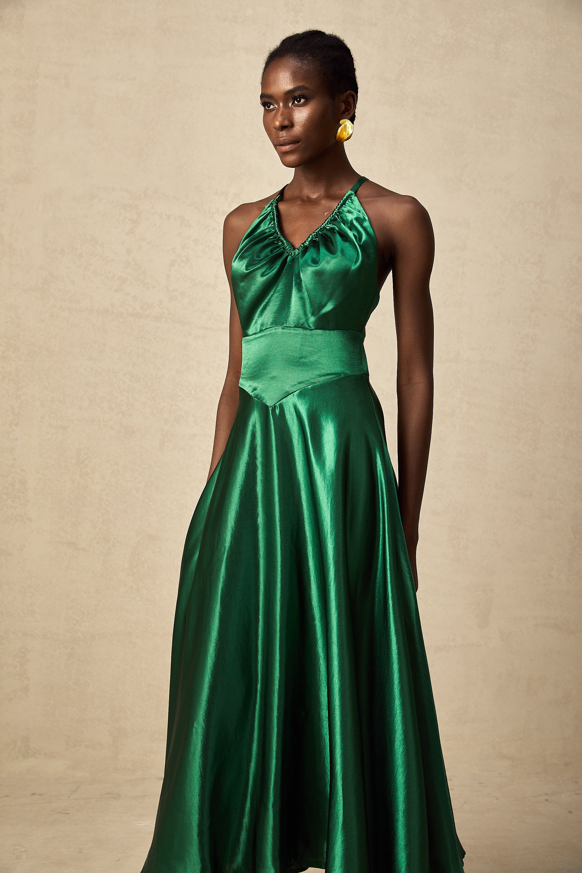 Geneviève emerald satin open-back midi dress