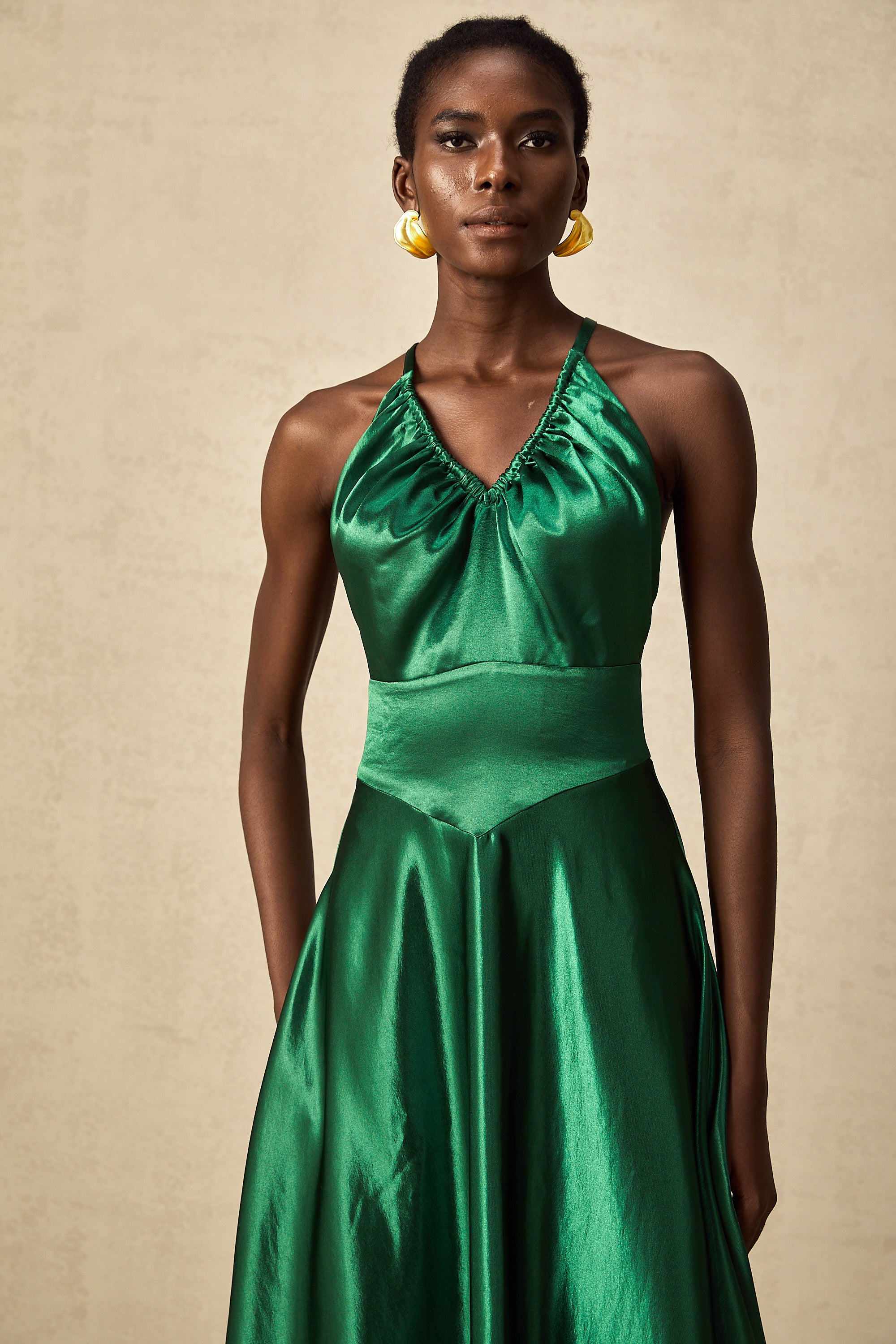 Geneviève emerald satin open-back midi dress