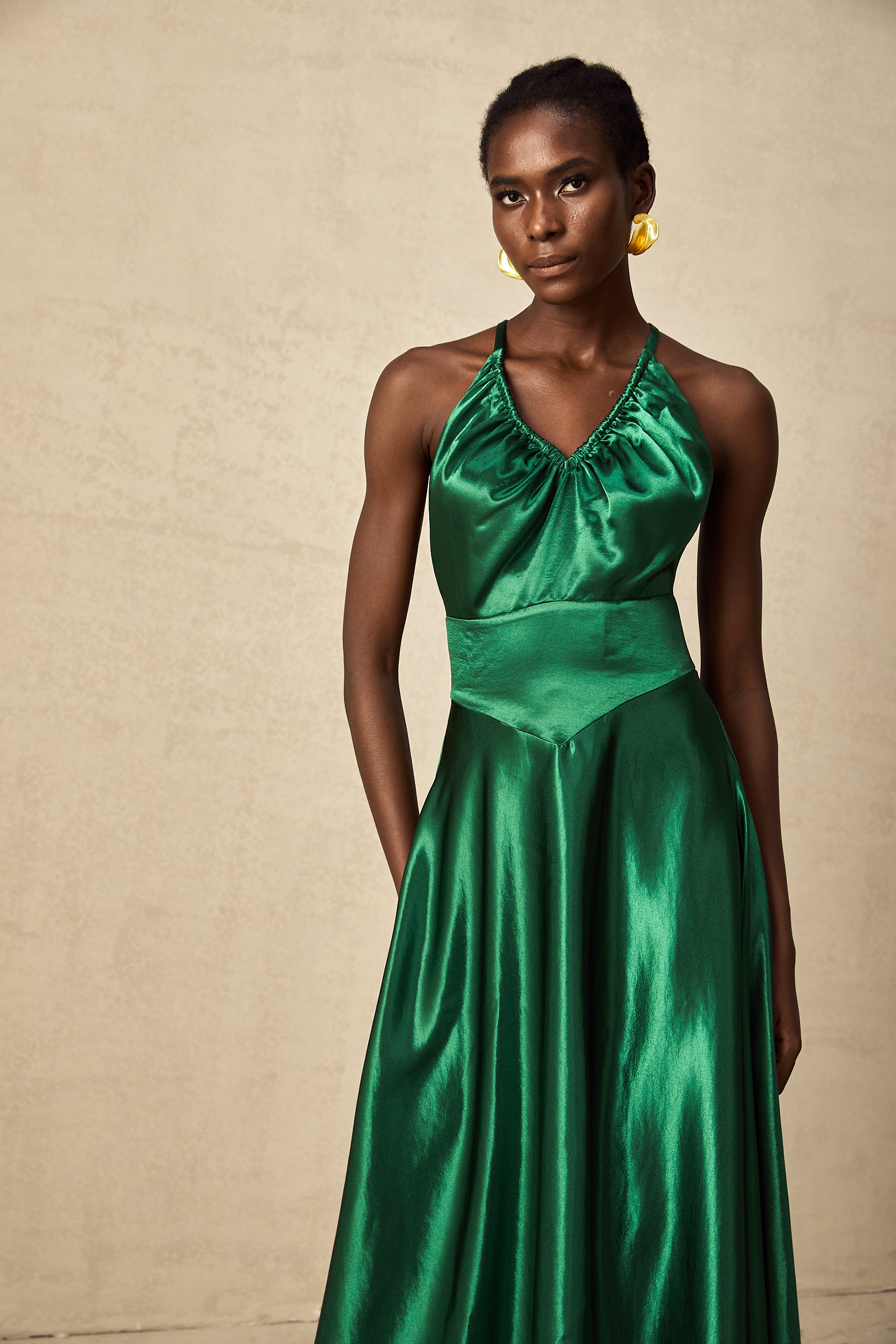 Geneviève emerald satin open-back midi dress