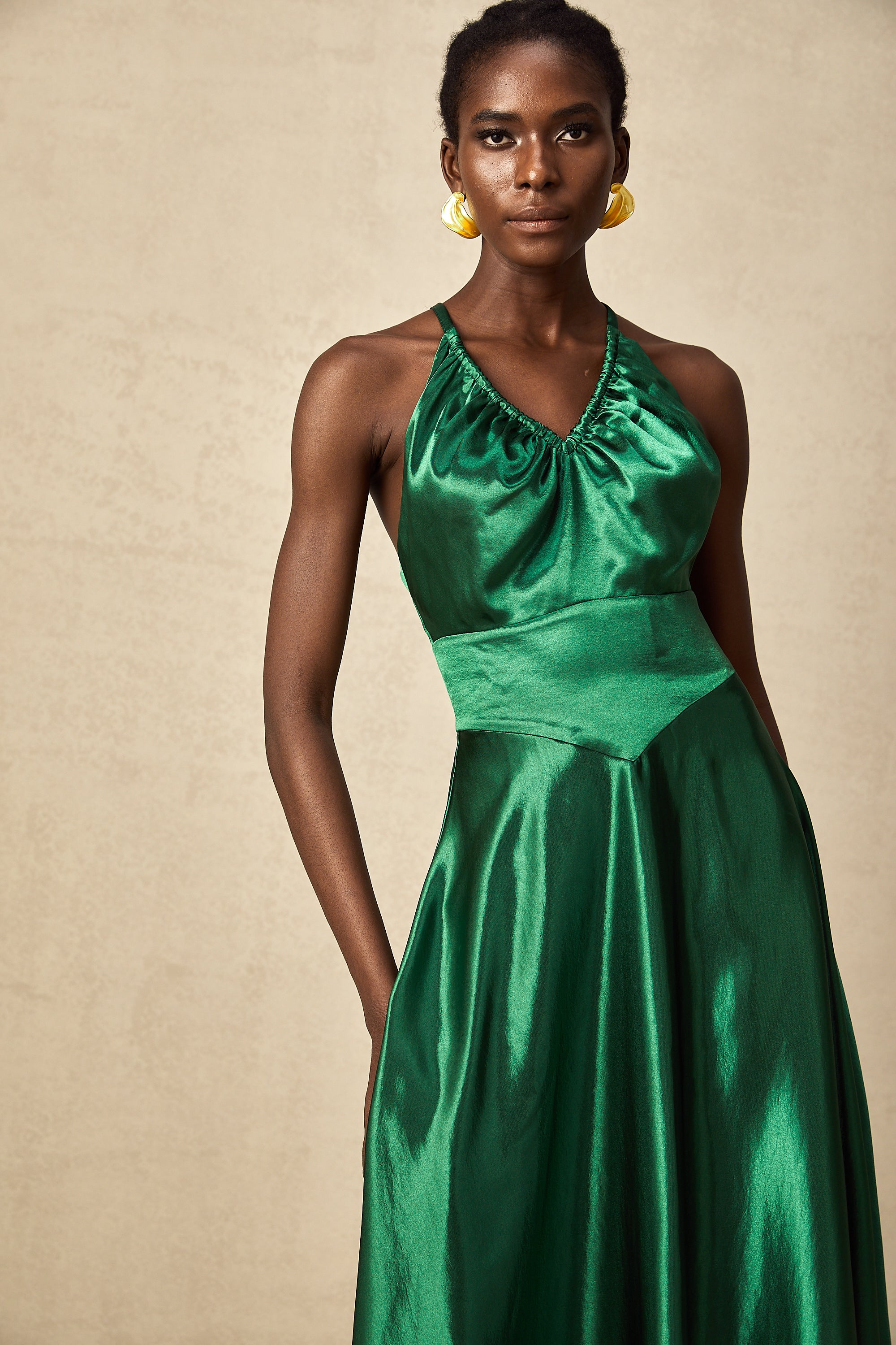 Geneviève emerald satin open-back midi dress