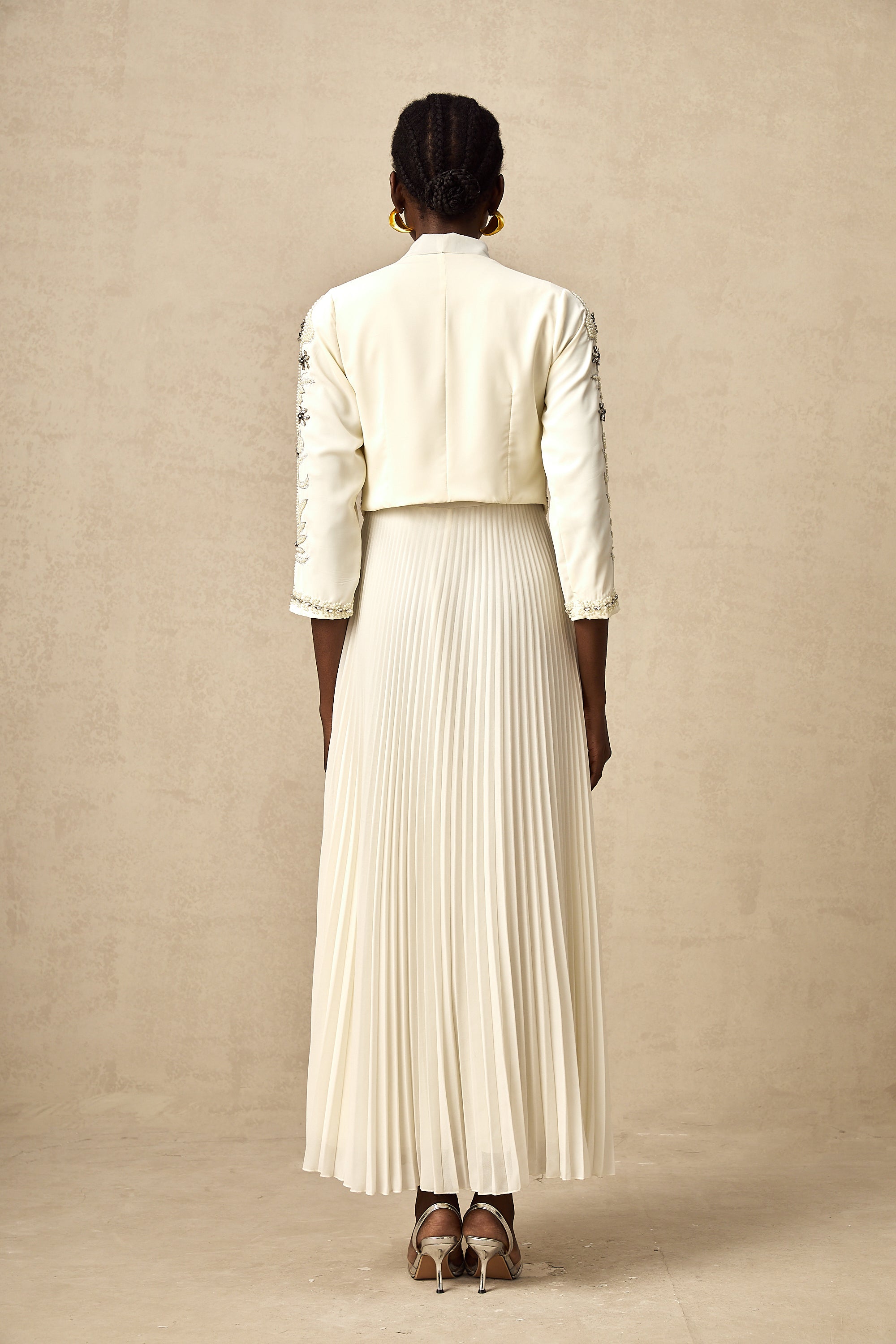 Blanche white embellished pleated jacket & dress matching set