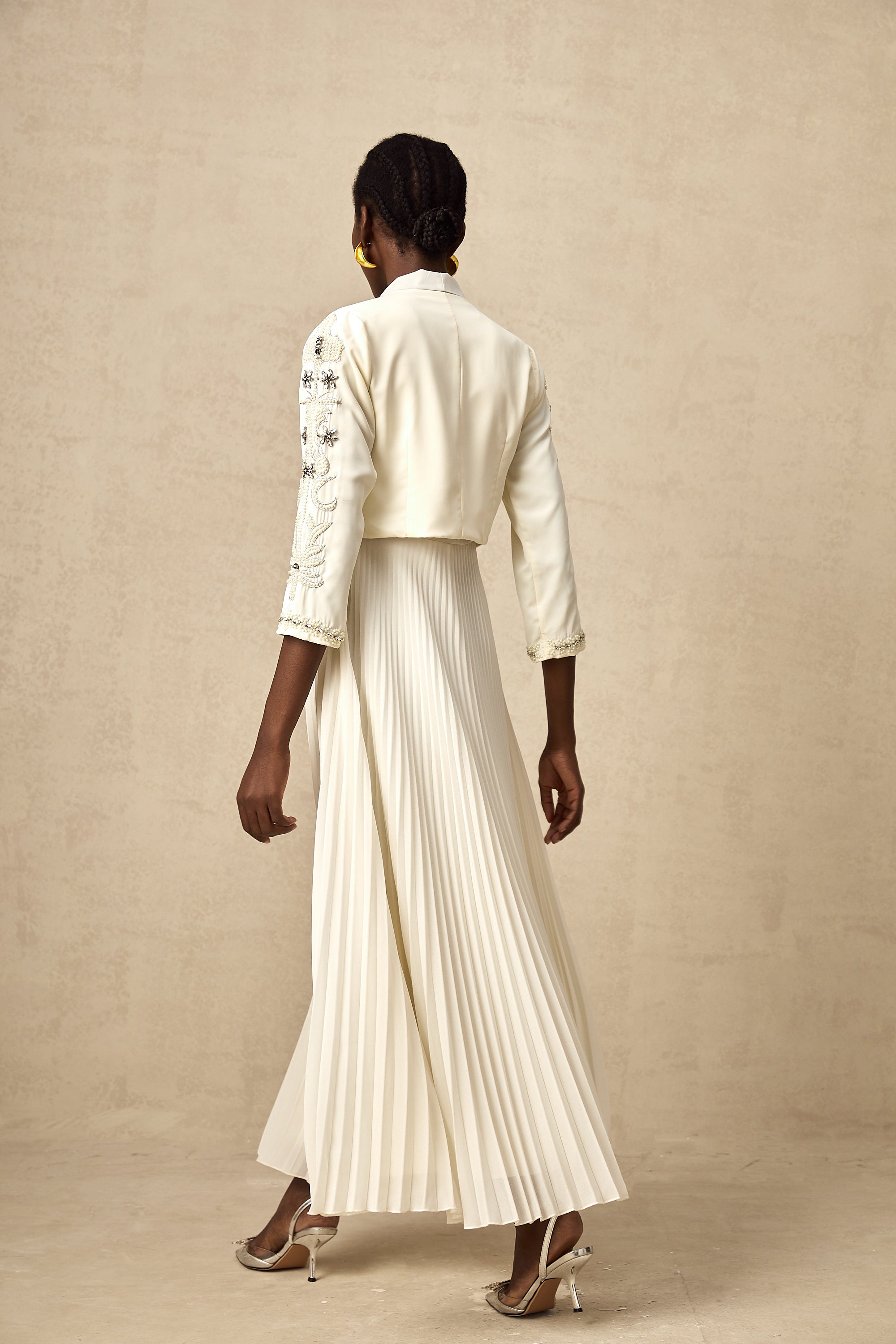 Blanche white embellished pleated jacket & dress matching set