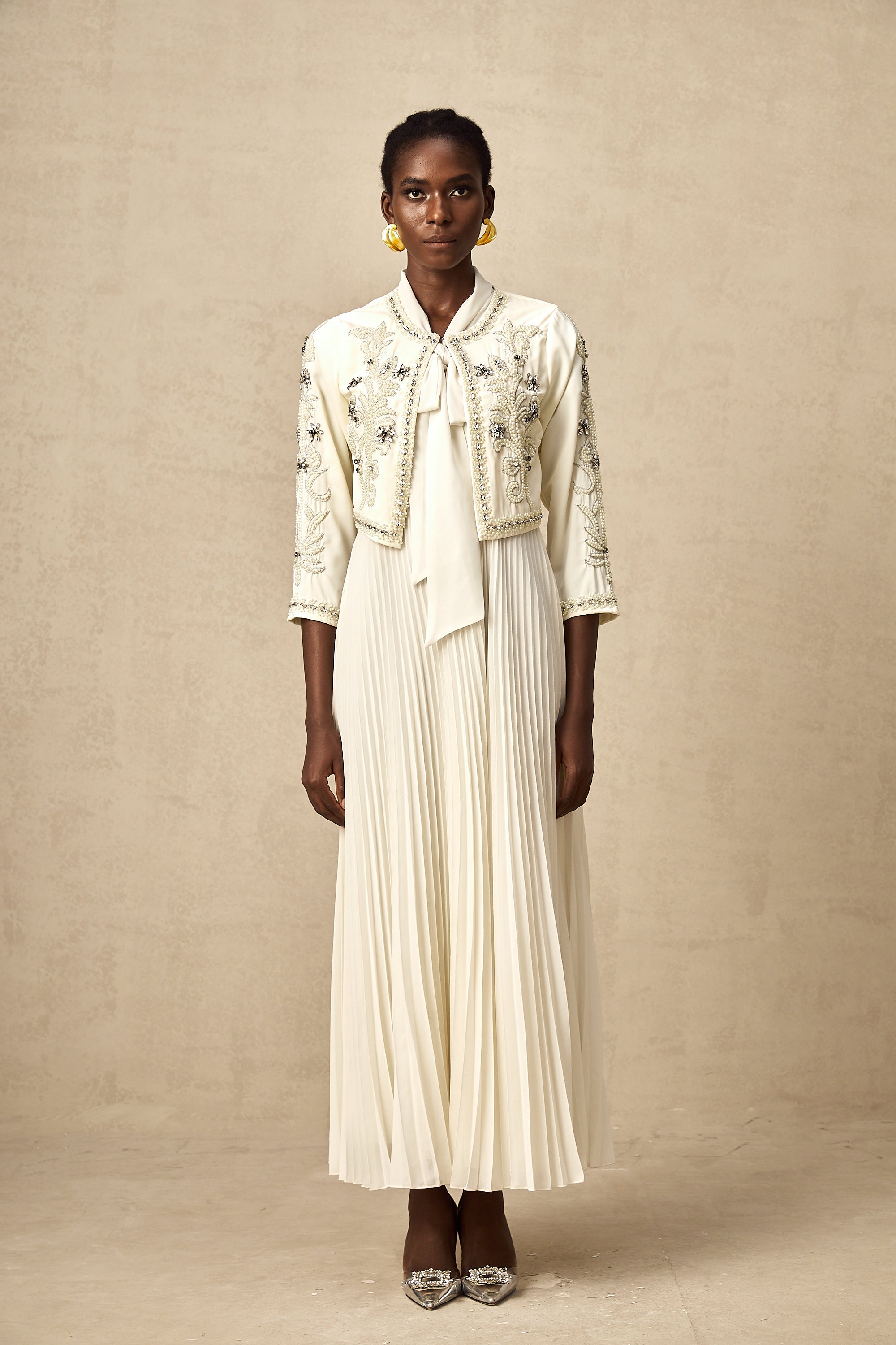 Blanche white embellished pleated jacket & dress matching set