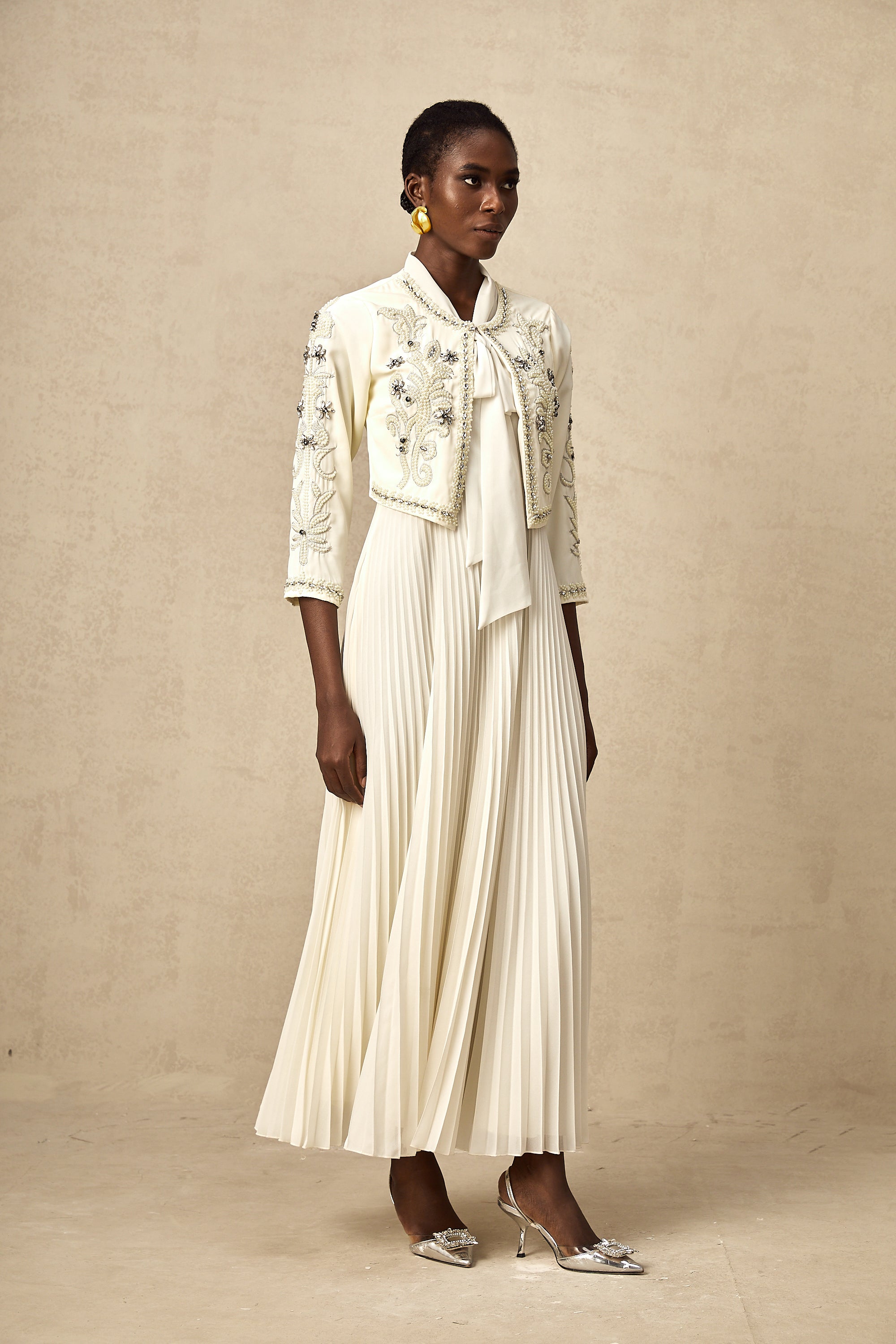 Blanche white embellished pleated jacket & dress matching set