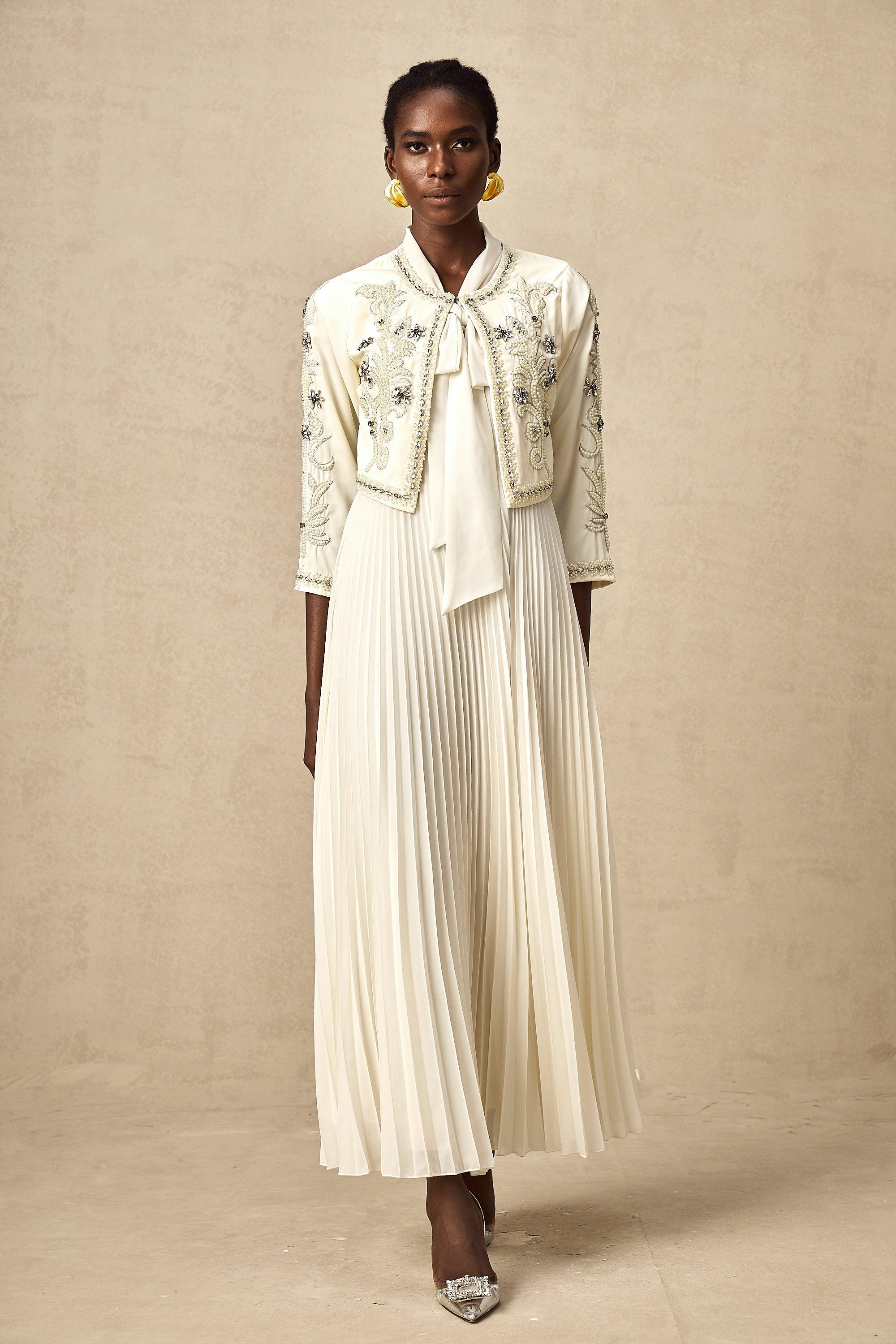 Blanche white embellished pleated jacket & dress matching set