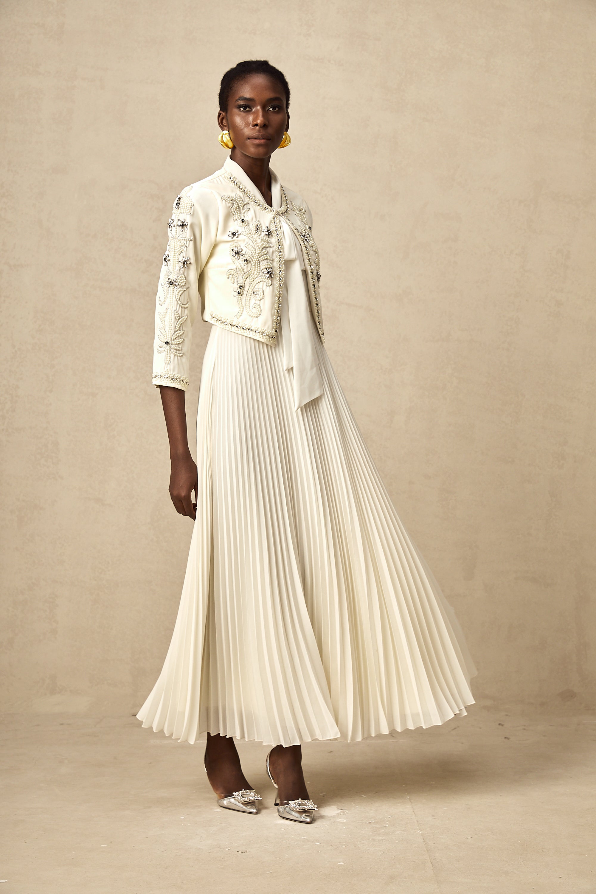 Blanche white embellished pleated jacket & dress matching set